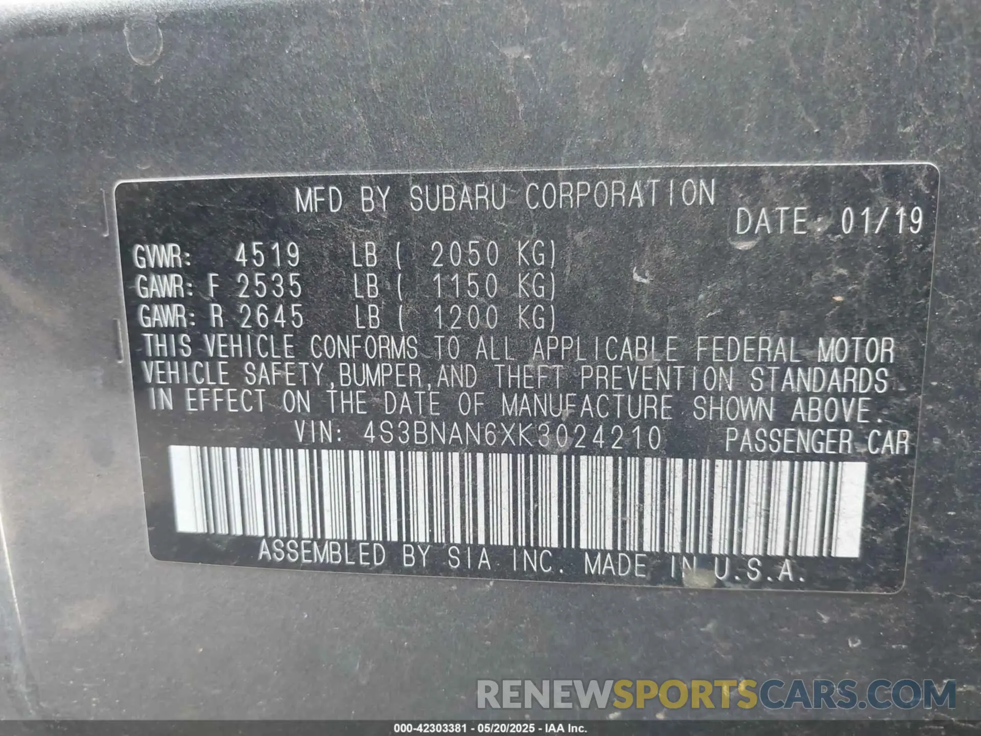 9 Photograph of a damaged car 4S3BNAN6XK3024210 SUBARU LEGACY 2019