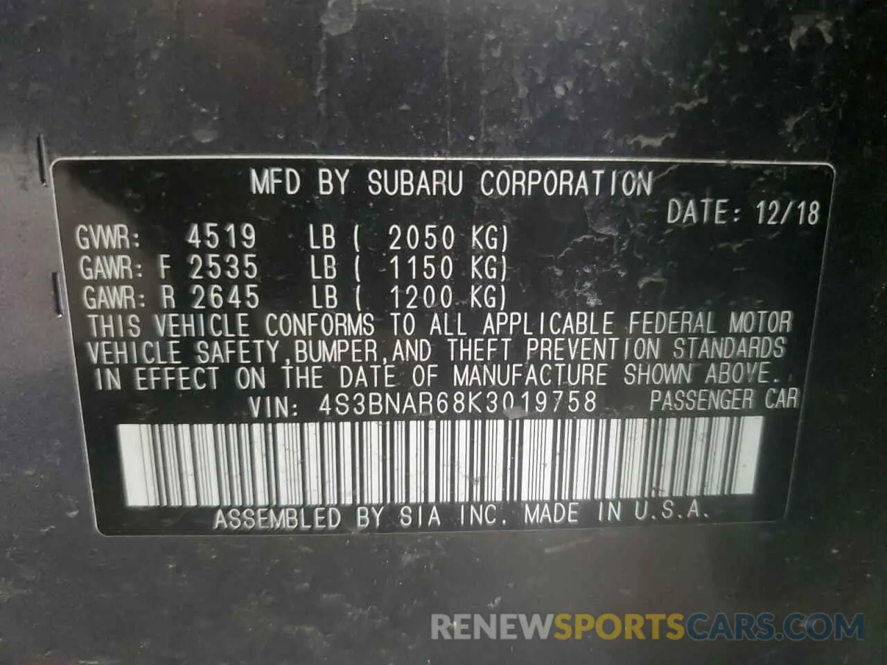 12 Фотография поврежденного автомобиля 4S3BNAR68K3019758 SUBARU LEGACY 2019