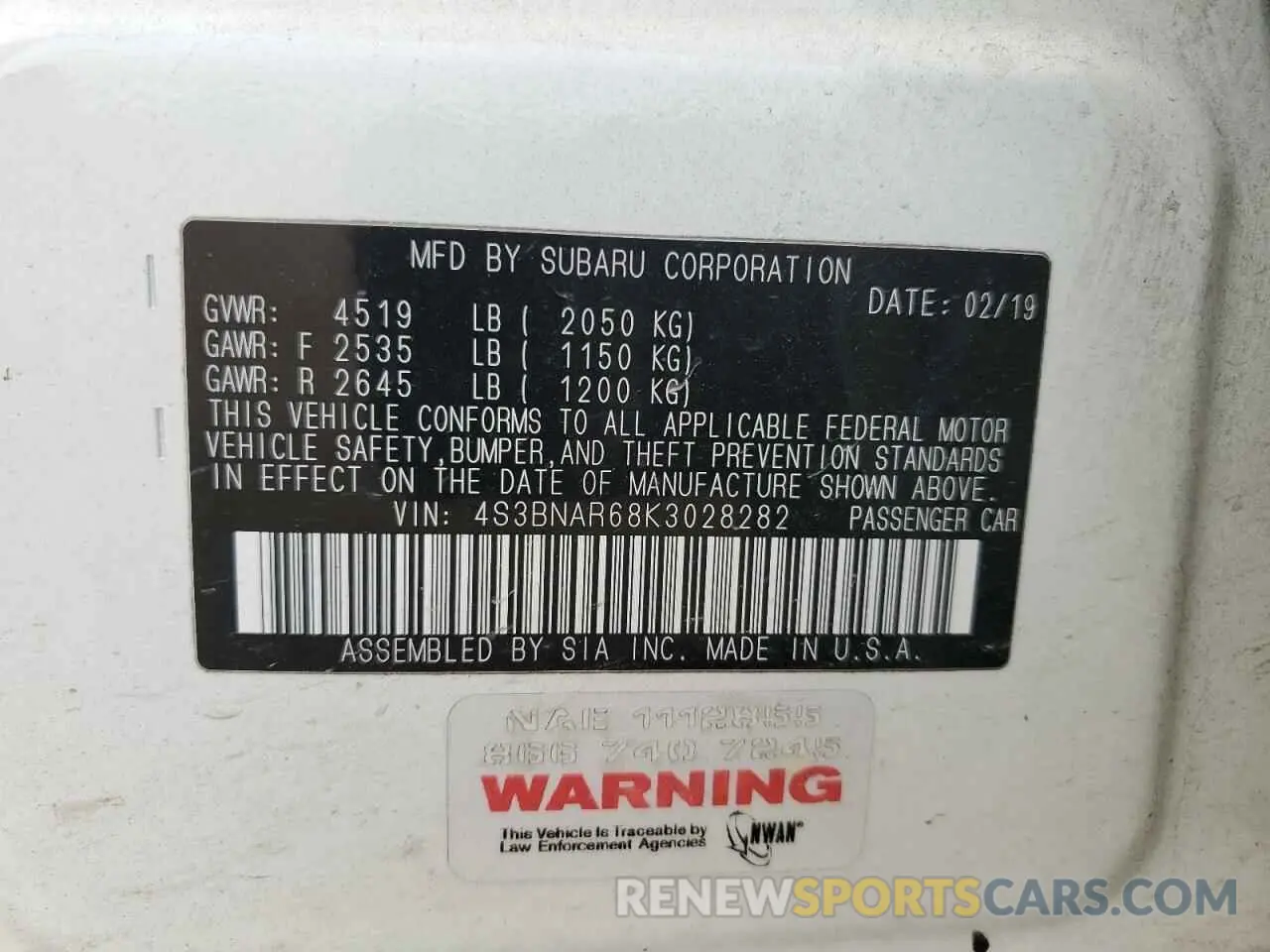 14 Photograph of a damaged car 4S3BNAR68K3028282 SUBARU LEGACY 2019