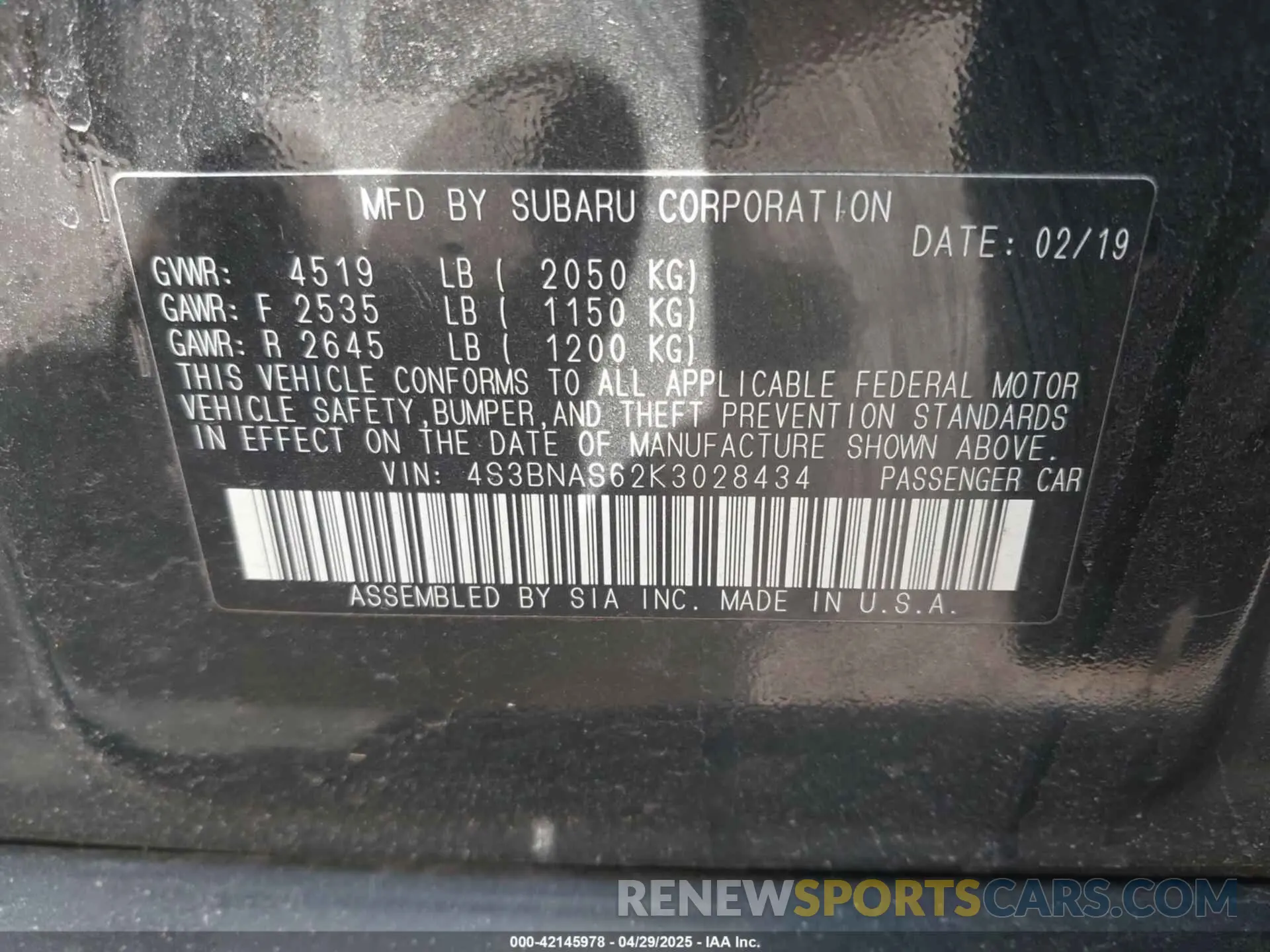 9 Фотография поврежденного автомобиля 4S3BNAS62K3028434 SUBARU LEGACY 2019