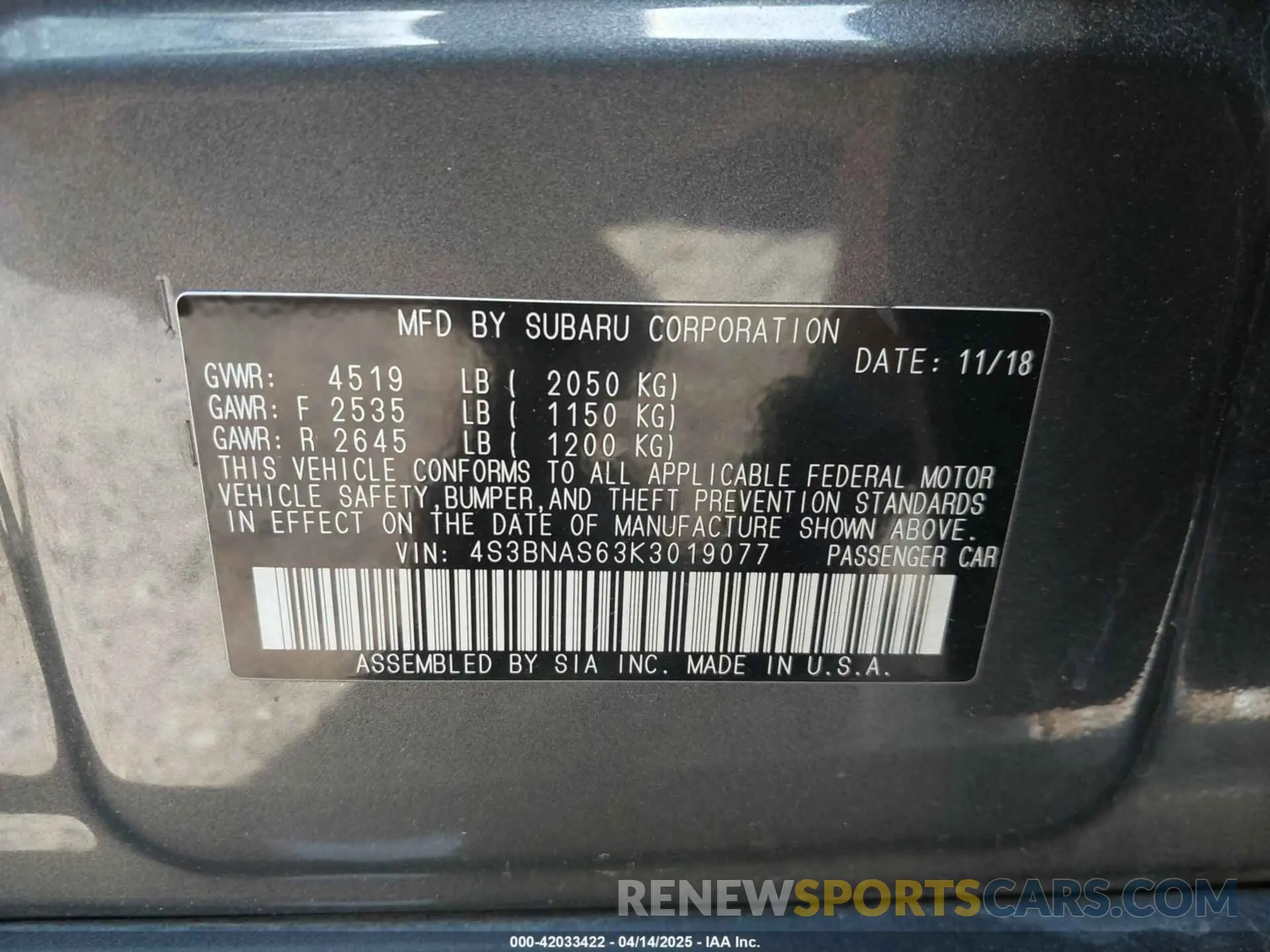9 Фотография поврежденного автомобиля 4S3BNAS63K3019077 SUBARU LEGACY 2019