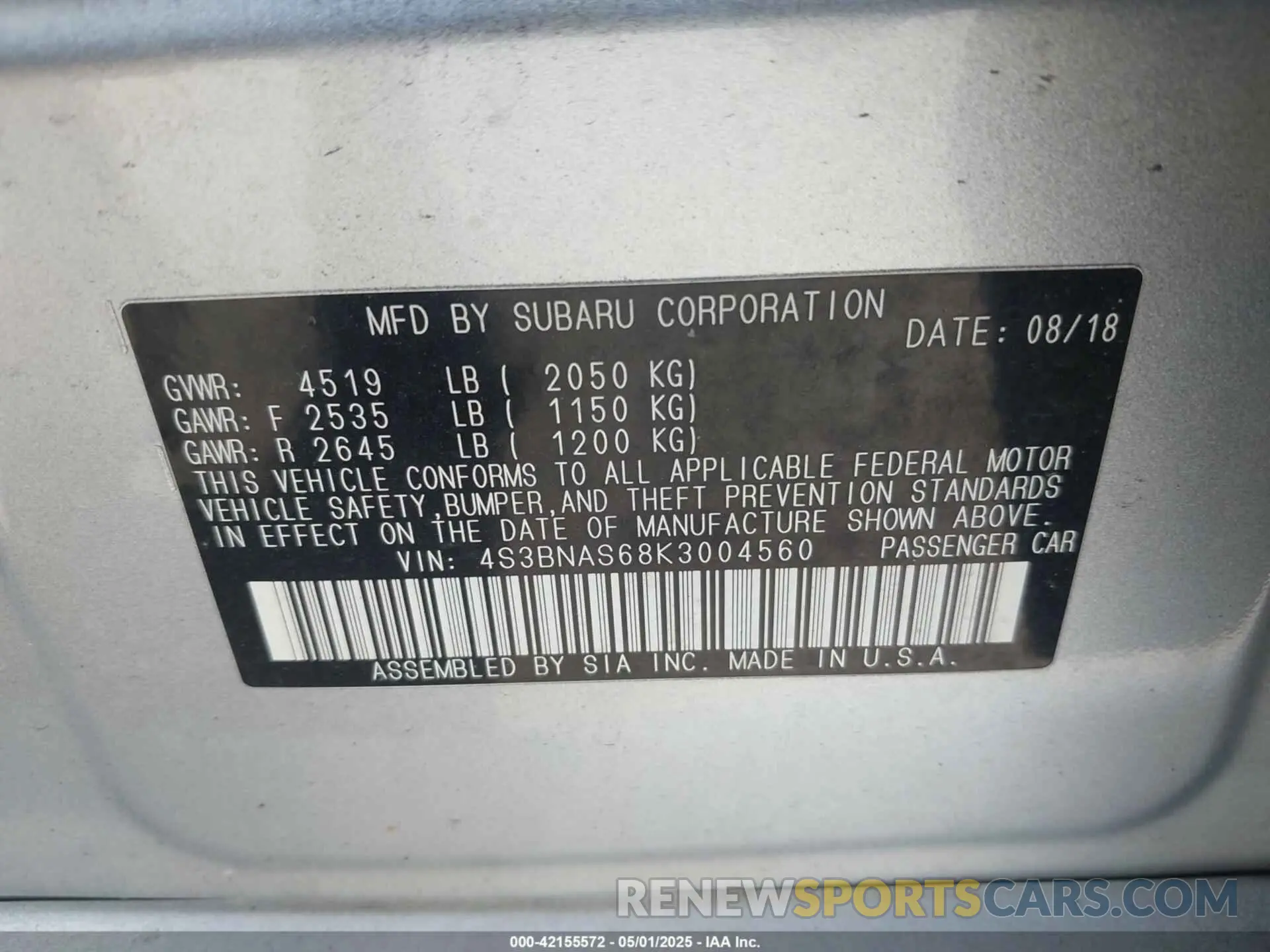 9 Photograph of a damaged car 4S3BNAS68K3004560 SUBARU LEGACY 2019