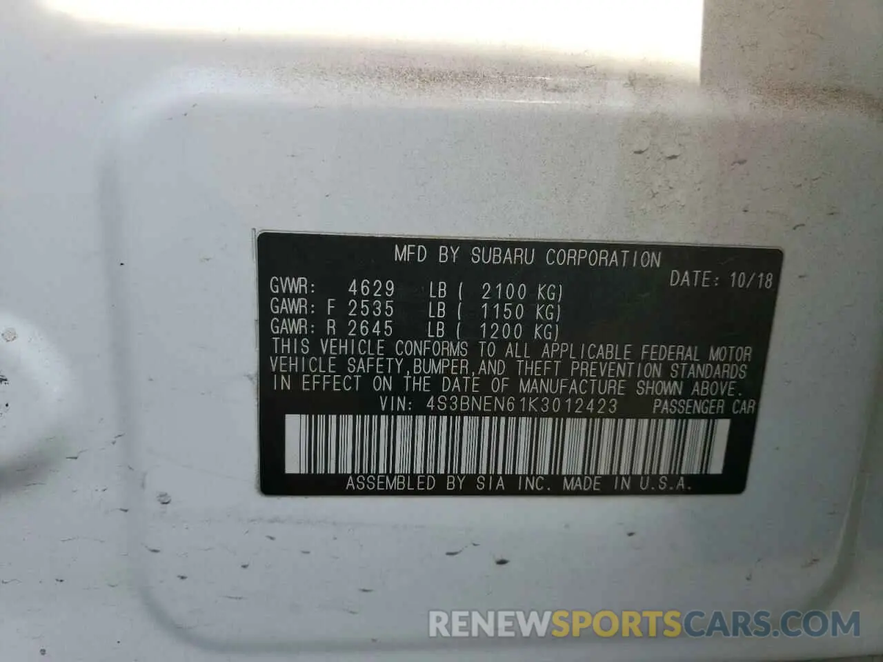 12 Фотография поврежденного автомобиля 4S3BNEN61K3012423 SUBARU LEGACY 2019