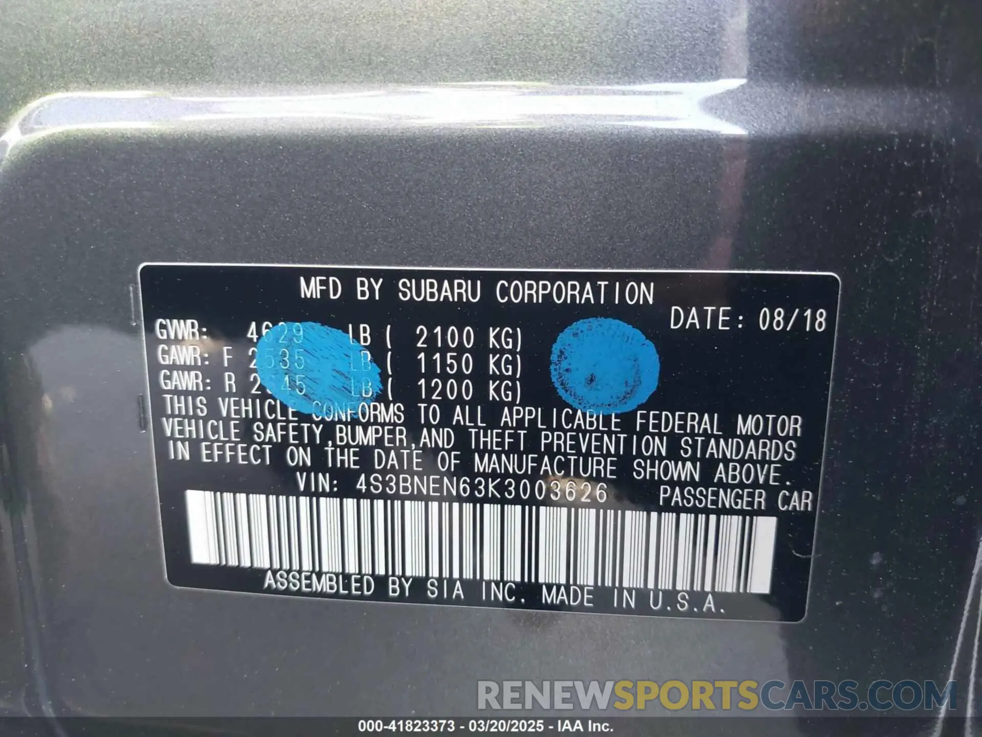 9 Photograph of a damaged car 4S3BNEN63K3003626 SUBARU LEGACY 2019