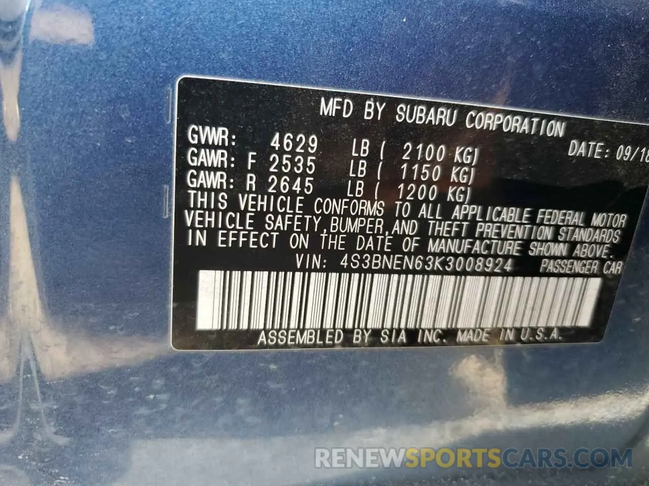 15 Photograph of a damaged car 4S3BNEN63K3008924 SUBARU LEGACY 2019