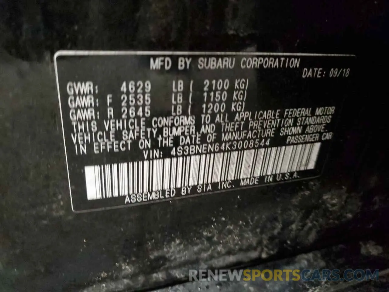 13 Photograph of a damaged car 4S3BNEN64K3008544 SUBARU LEGACY 2019