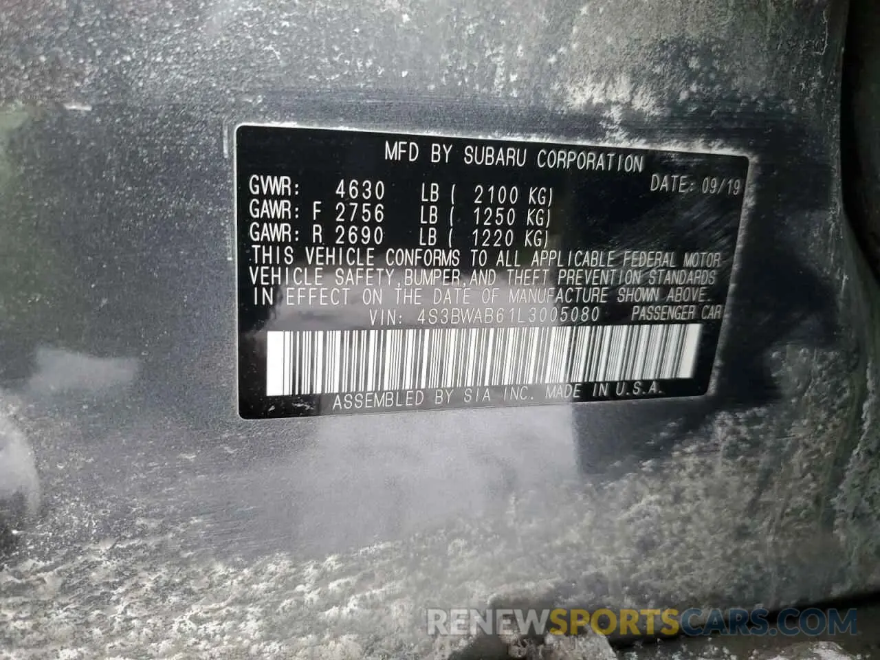13 Photograph of a damaged car 4S3BWAB61L3005080 SUBARU LEGACY 2020