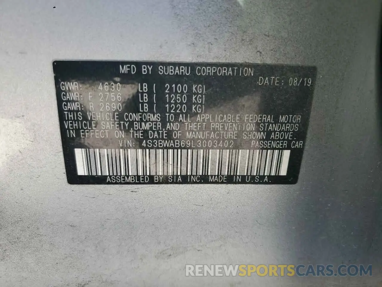 12 Фотография поврежденного автомобиля 4S3BWAB69L3003402 SUBARU LEGACY 2020