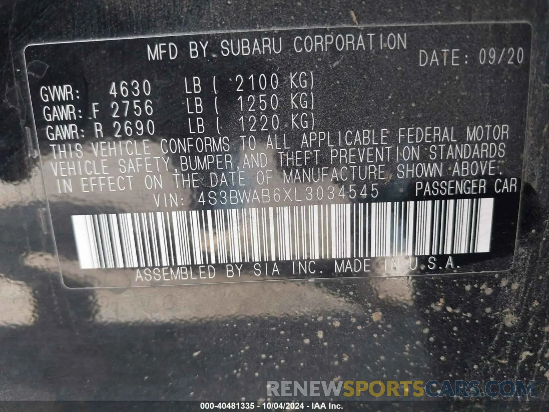 9 Photograph of a damaged car 4S3BWAB6XL3034545 SUBARU LEGACY 2020