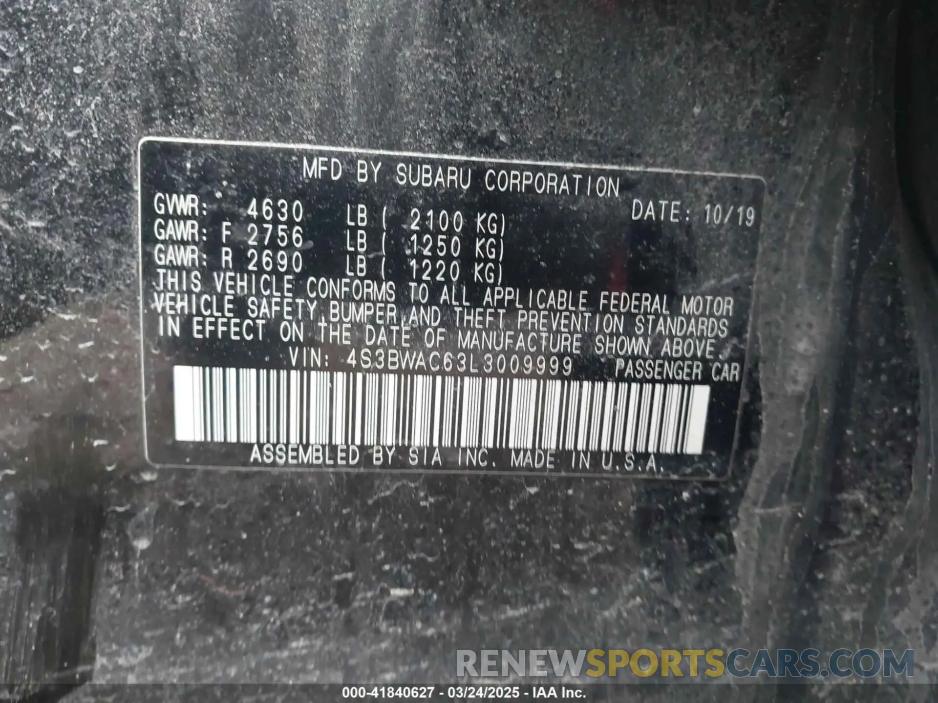 9 Фотография поврежденного автомобиля 4S3BWAC63L3009999 SUBARU LEGACY 2020