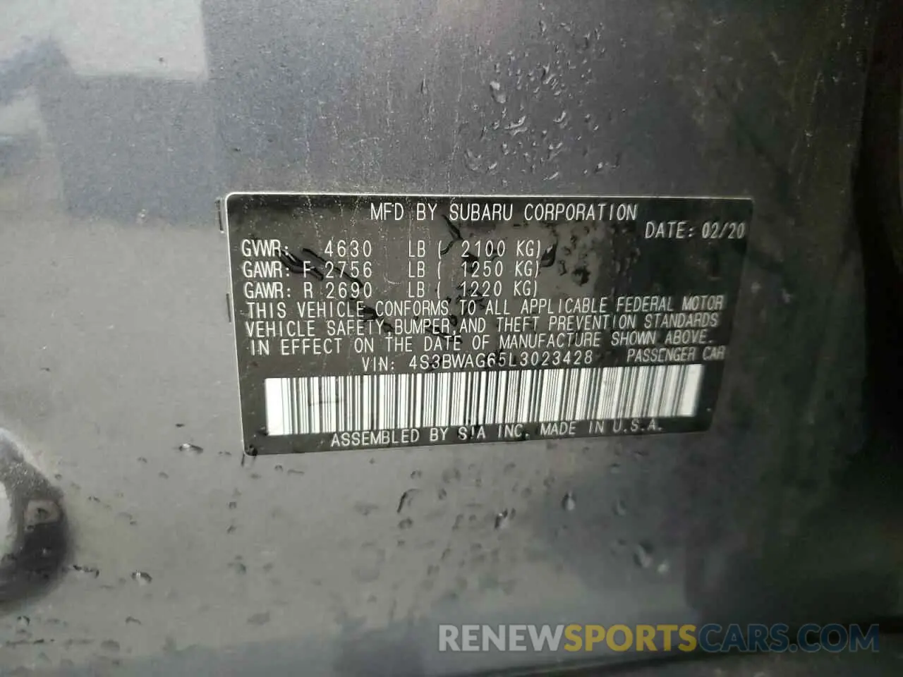 12 Photograph of a damaged car 4S3BWAG65L3023428 SUBARU LEGACY 2020