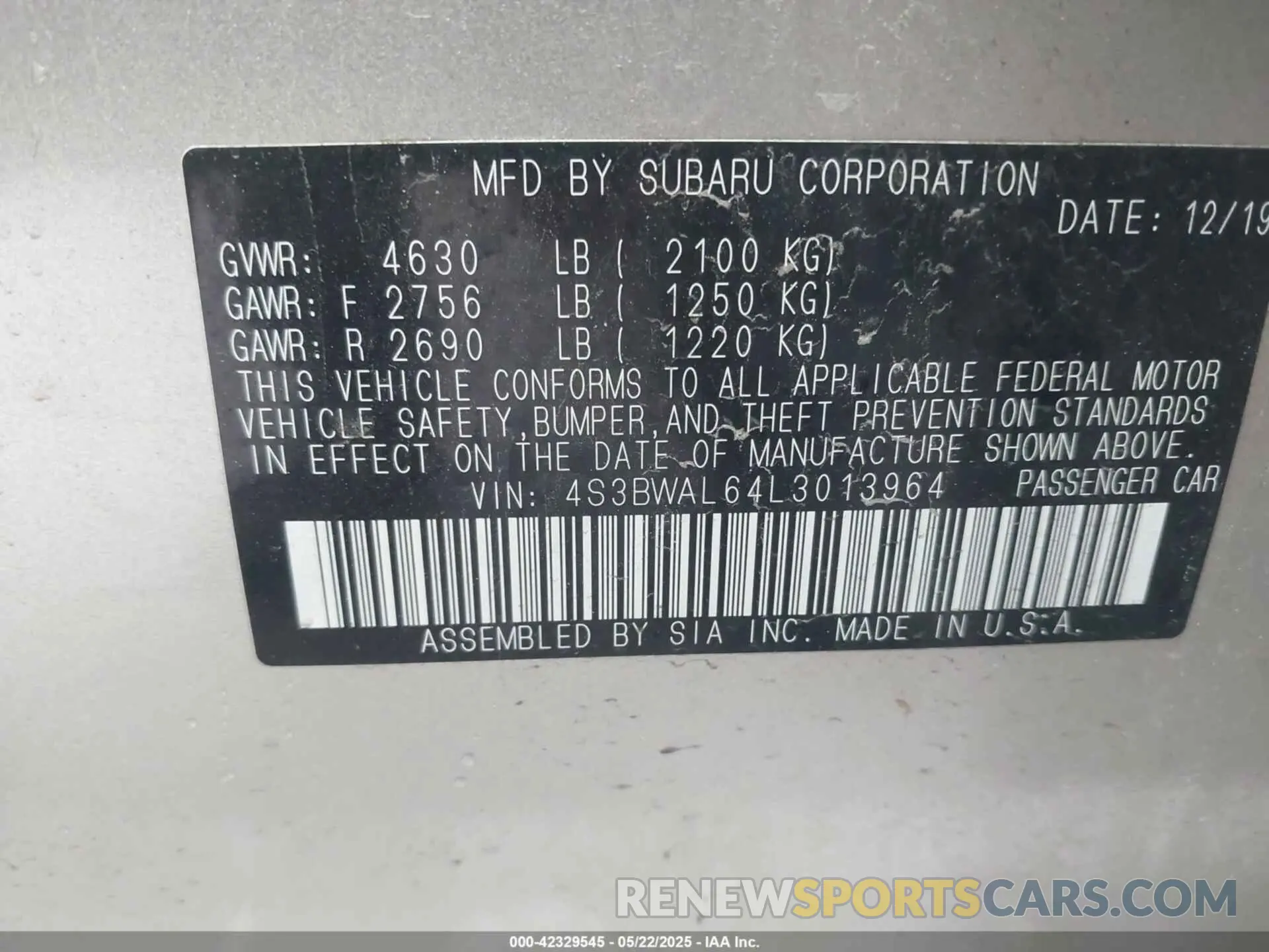 9 Фотография поврежденного автомобиля 4S3BWAL64L3013964 SUBARU LEGACY 2020
