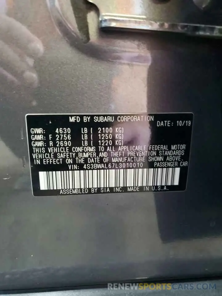 12 Photograph of a damaged car 4S3BWAL67L3010010 SUBARU LEGACY 2020