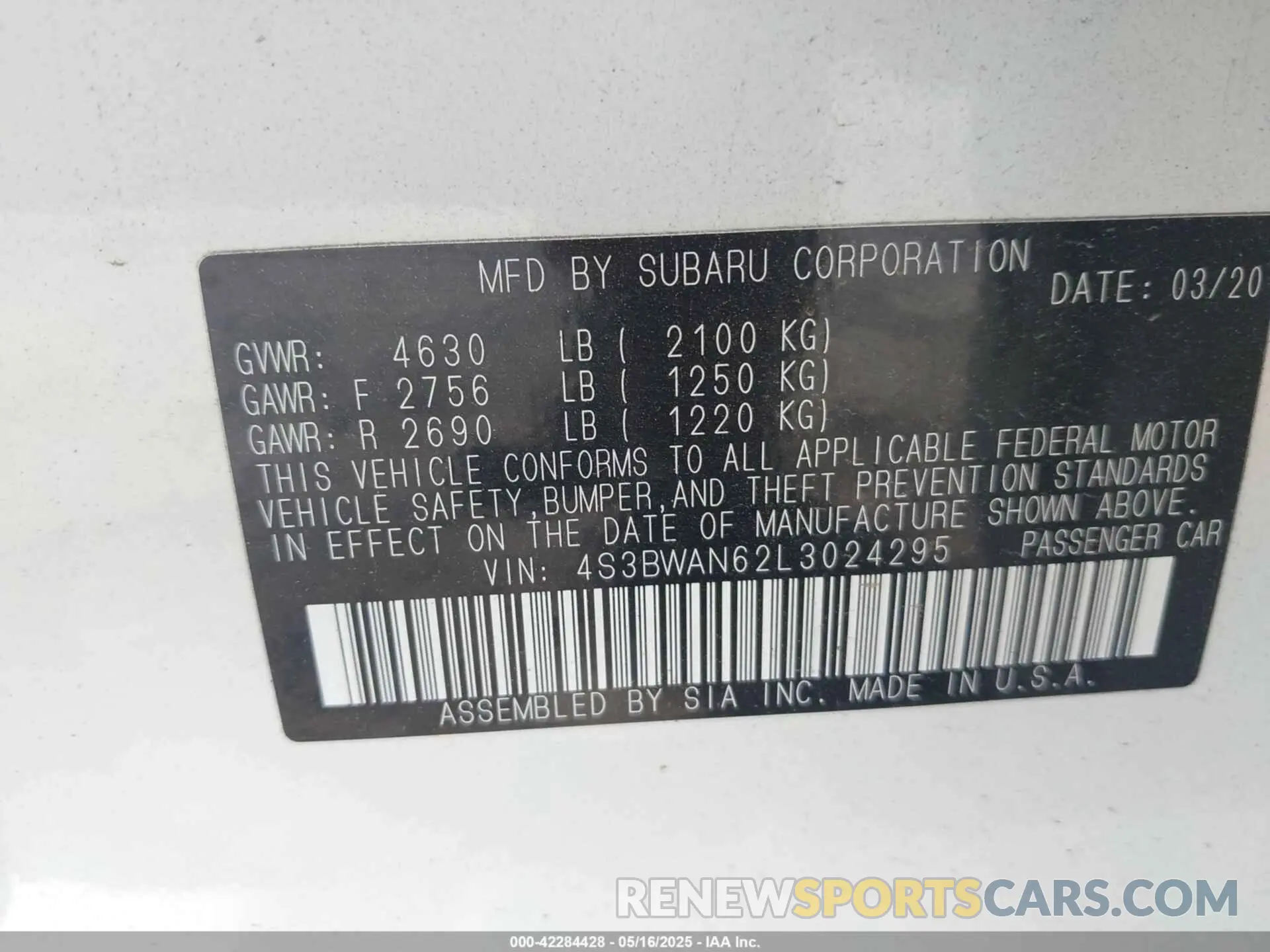 9 Photograph of a damaged car 4S3BWAN62L3024295 SUBARU LEGACY 2020