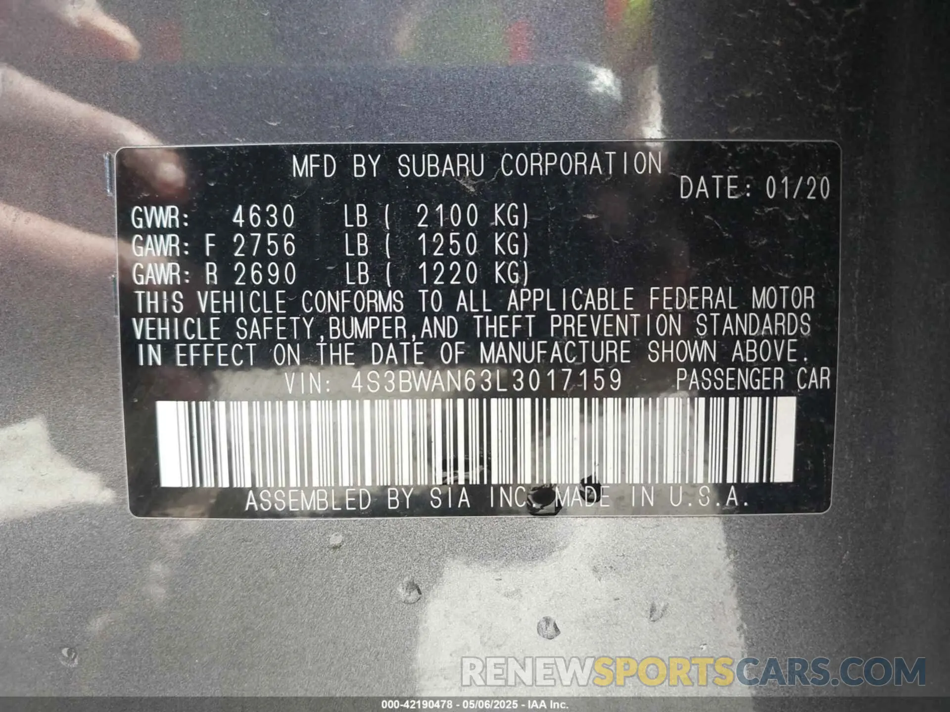 9 Photograph of a damaged car 4S3BWAN63L3017159 SUBARU LEGACY 2020