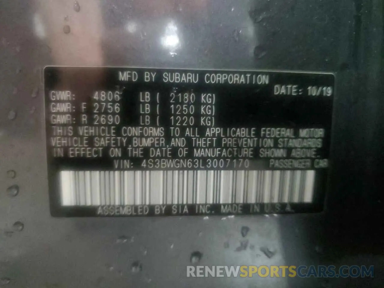 13 Фотография поврежденного автомобиля 4S3BWGN63L3007170 SUBARU LEGACY 2020