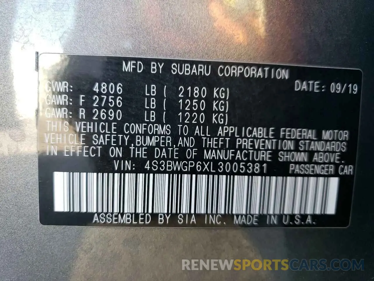 12 Фотография поврежденного автомобиля 4S3BWGP6XL3005381 SUBARU LEGACY 2020