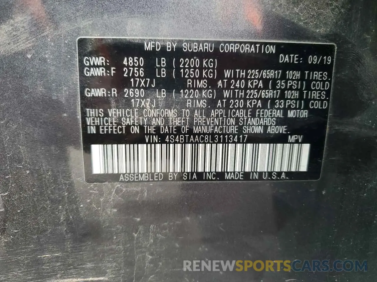 14 Фотография поврежденного автомобиля 4S4BTAAC8L3113417 SUBARU LEGACY 2020