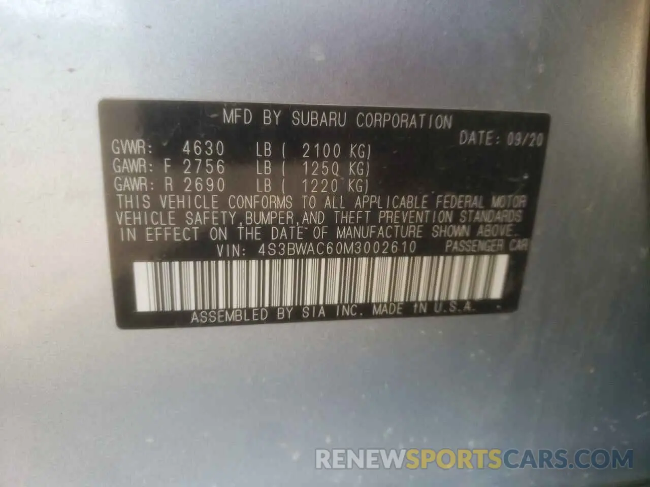 13 Photograph of a damaged car 4S3BWAC60M3002610 SUBARU LEGACY 2021