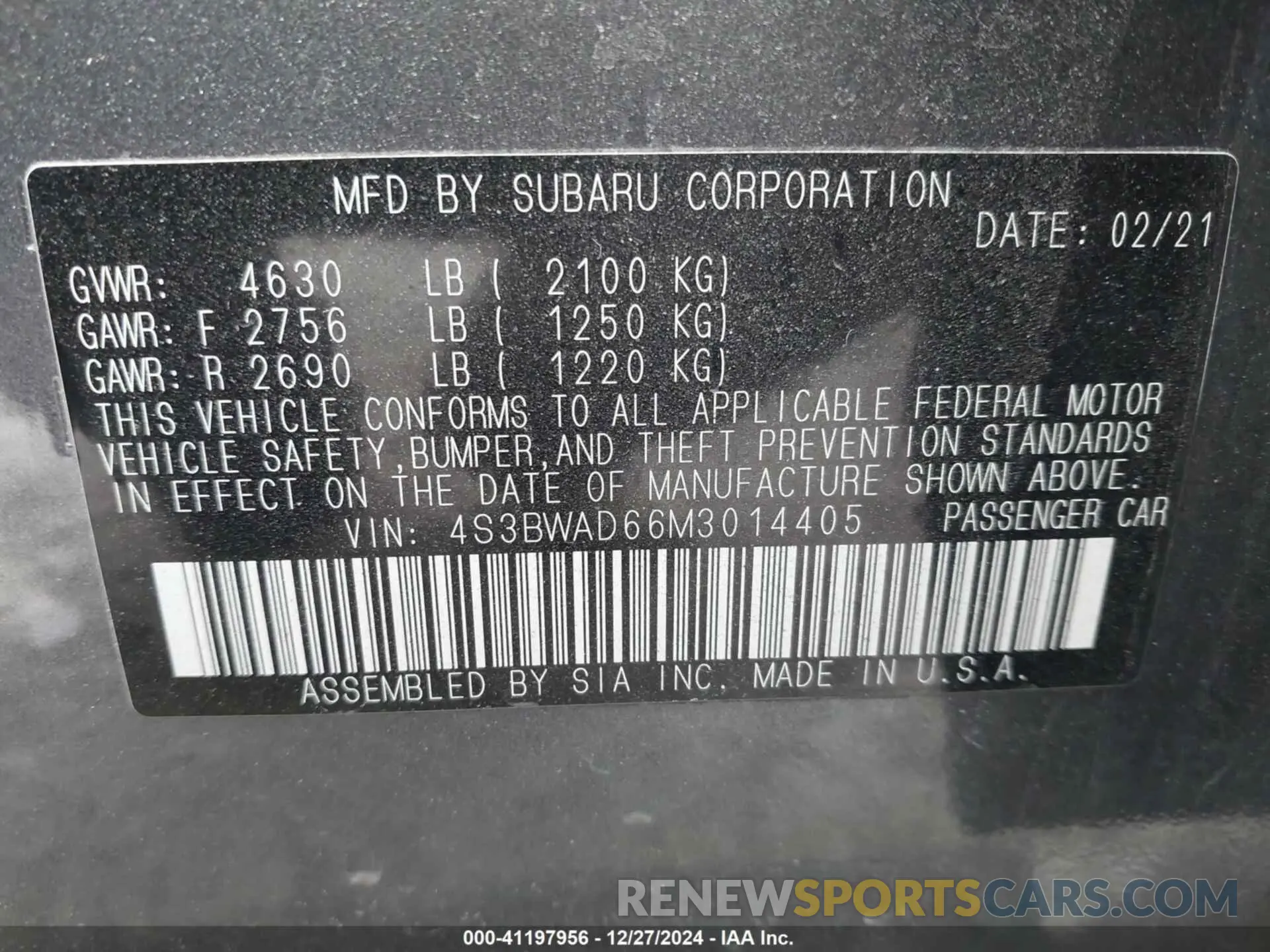 9 Photograph of a damaged car 4S3BWAD66M3014405 SUBARU LEGACY 2021