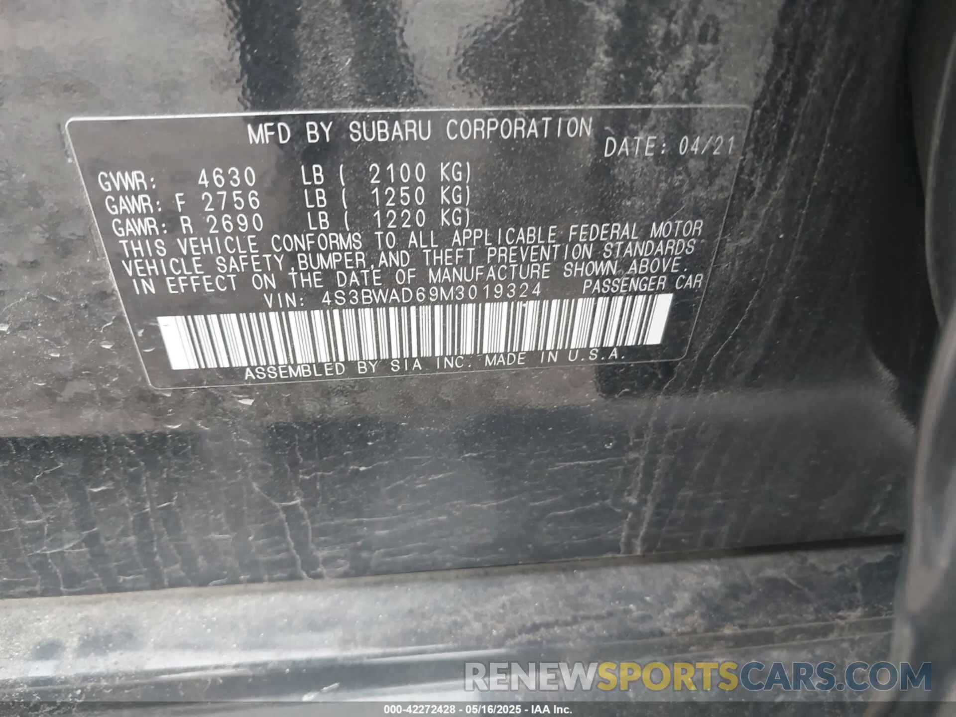 9 Фотография поврежденного автомобиля 4S3BWAD69M3019324 SUBARU LEGACY 2021
