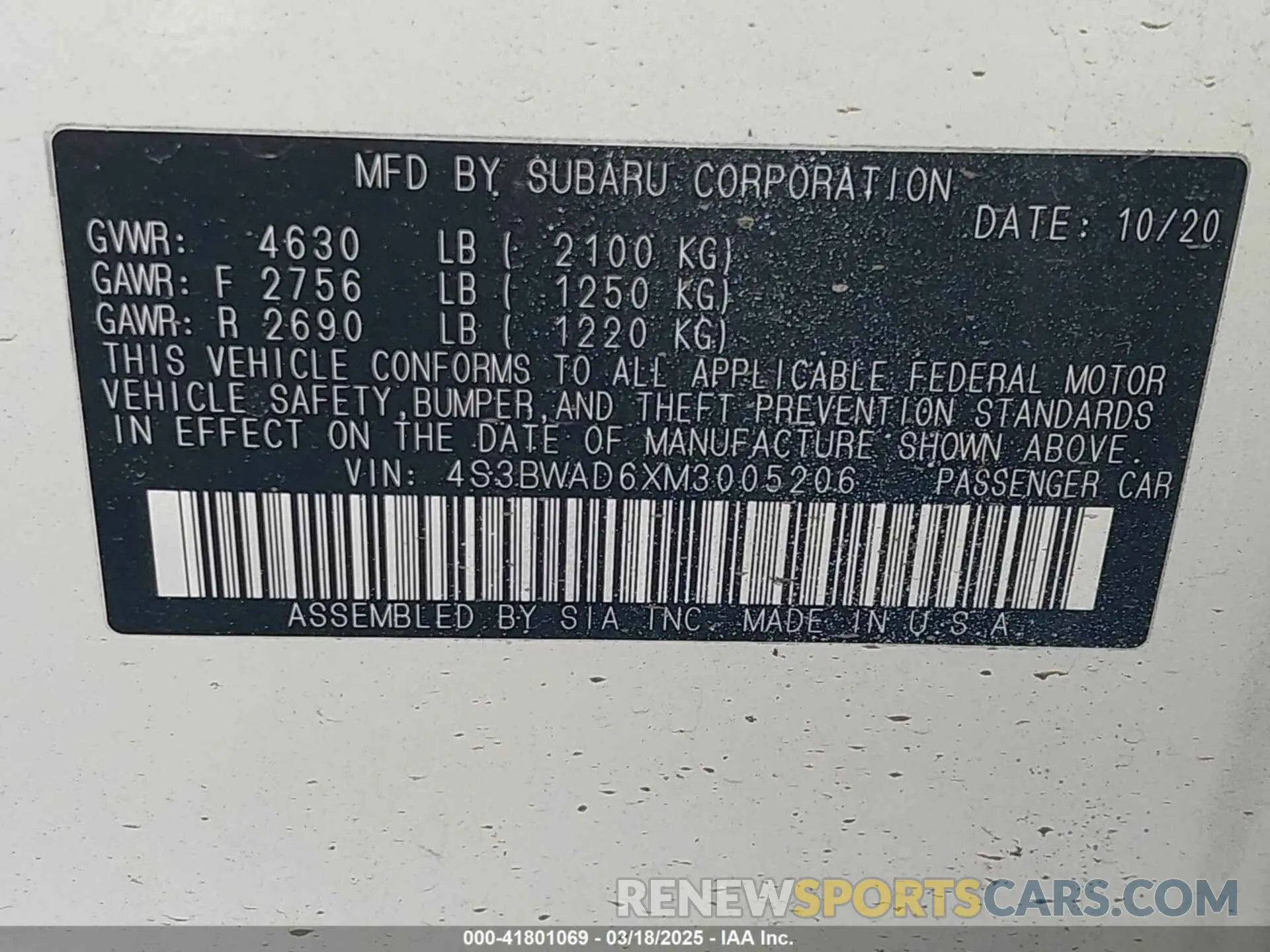 9 Фотография поврежденного автомобиля 4S3BWAD6XM3005206 SUBARU LEGACY 2021