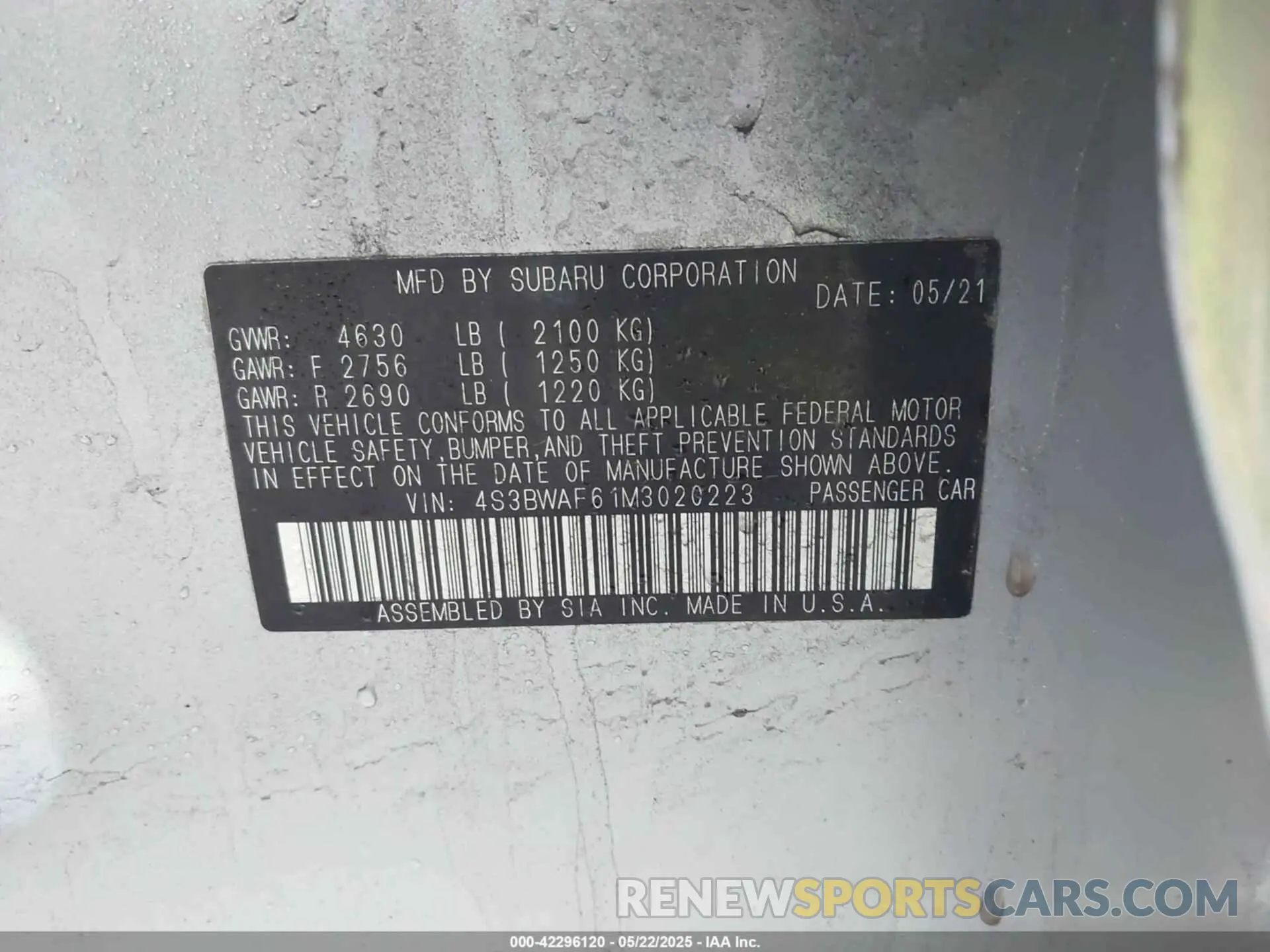 9 Photograph of a damaged car 4S3BWAF61M3020223 SUBARU LEGACY 2021