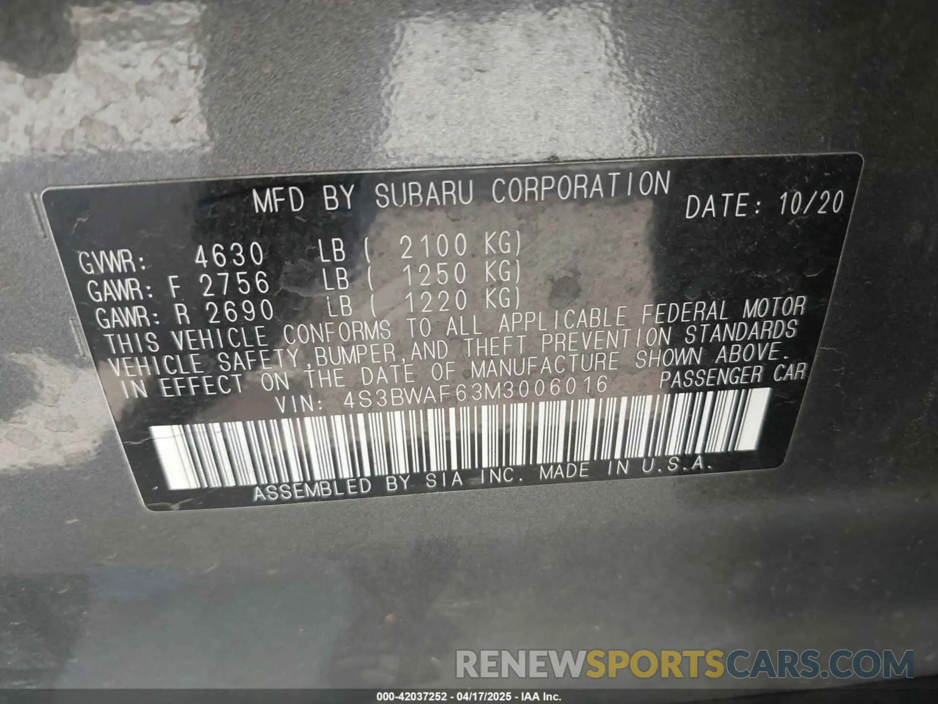 9 Фотография поврежденного автомобиля 4S3BWAF63M3006016 SUBARU LEGACY 2021