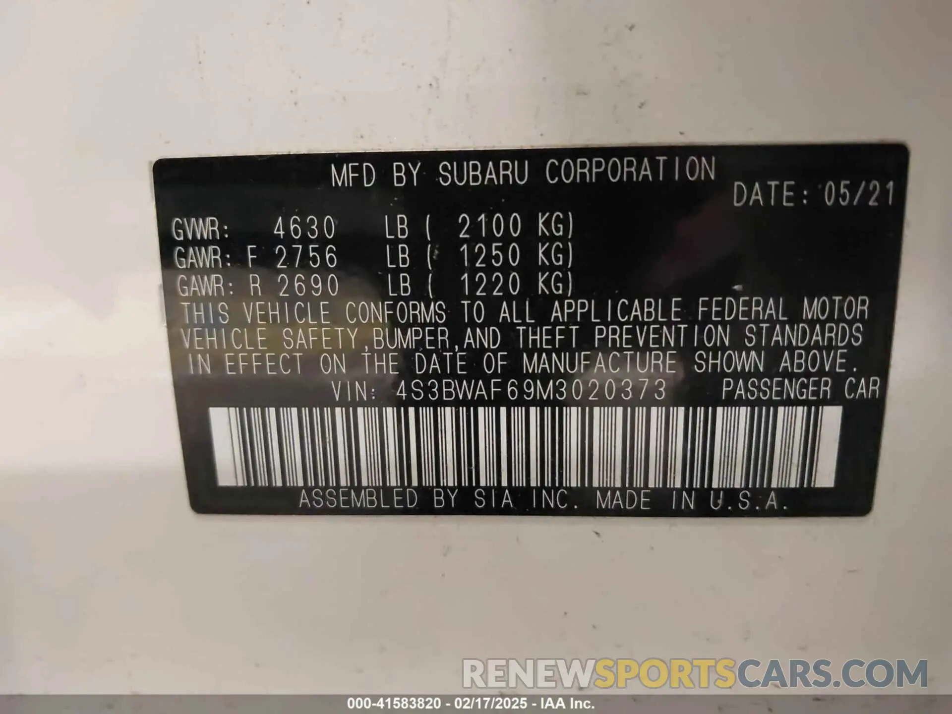 9 Фотография поврежденного автомобиля 4S3BWAF69M3020373 SUBARU LEGACY 2021