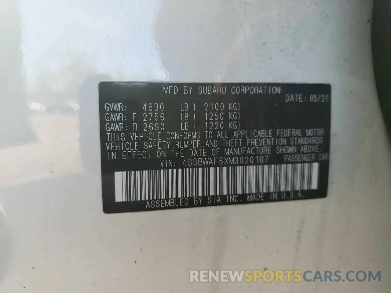 12 Photograph of a damaged car 4S3BWAF6XM3020107 SUBARU LEGACY 2021