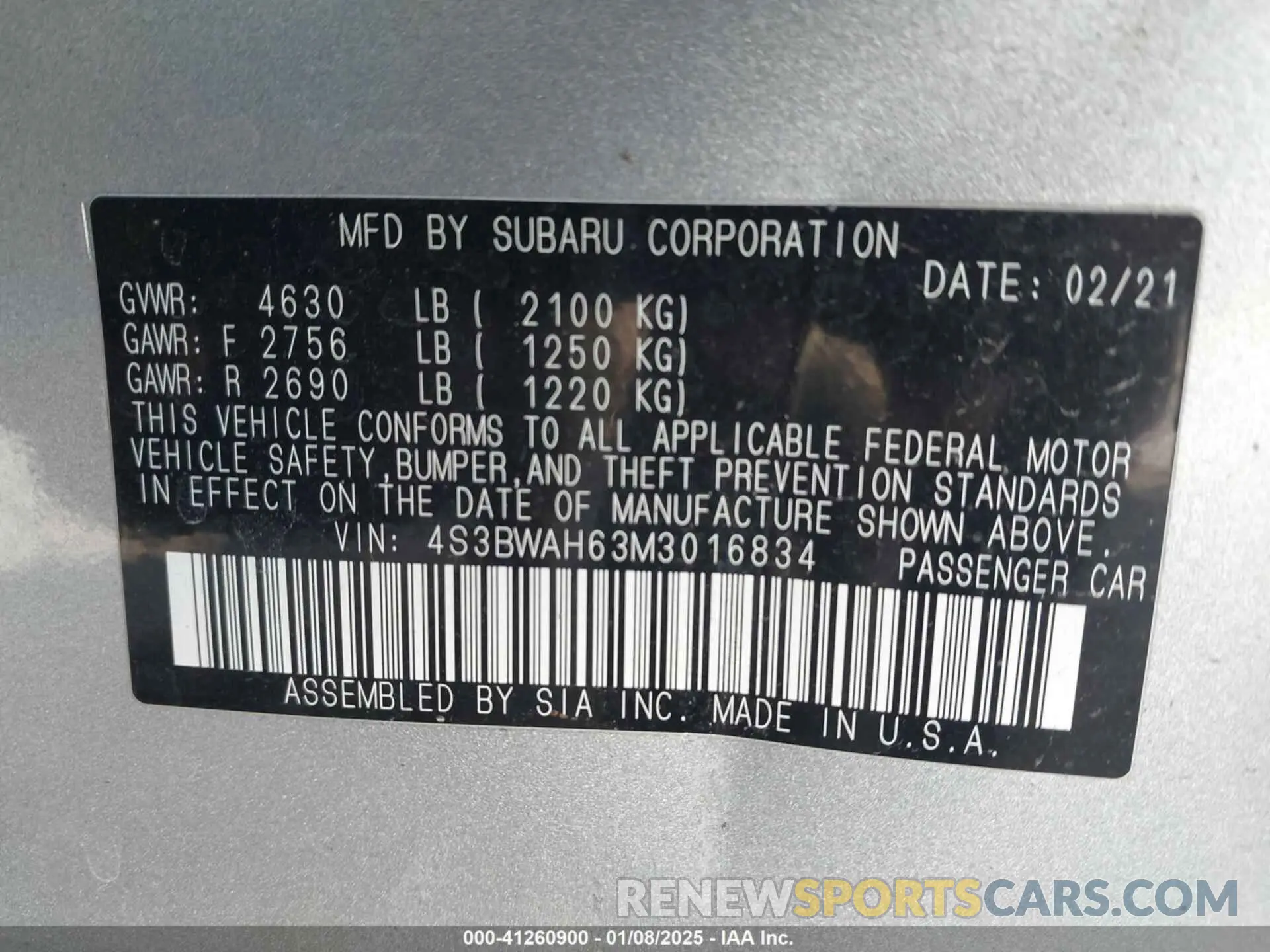 9 Photograph of a damaged car 4S3BWAH63M3016834 SUBARU LEGACY 2021