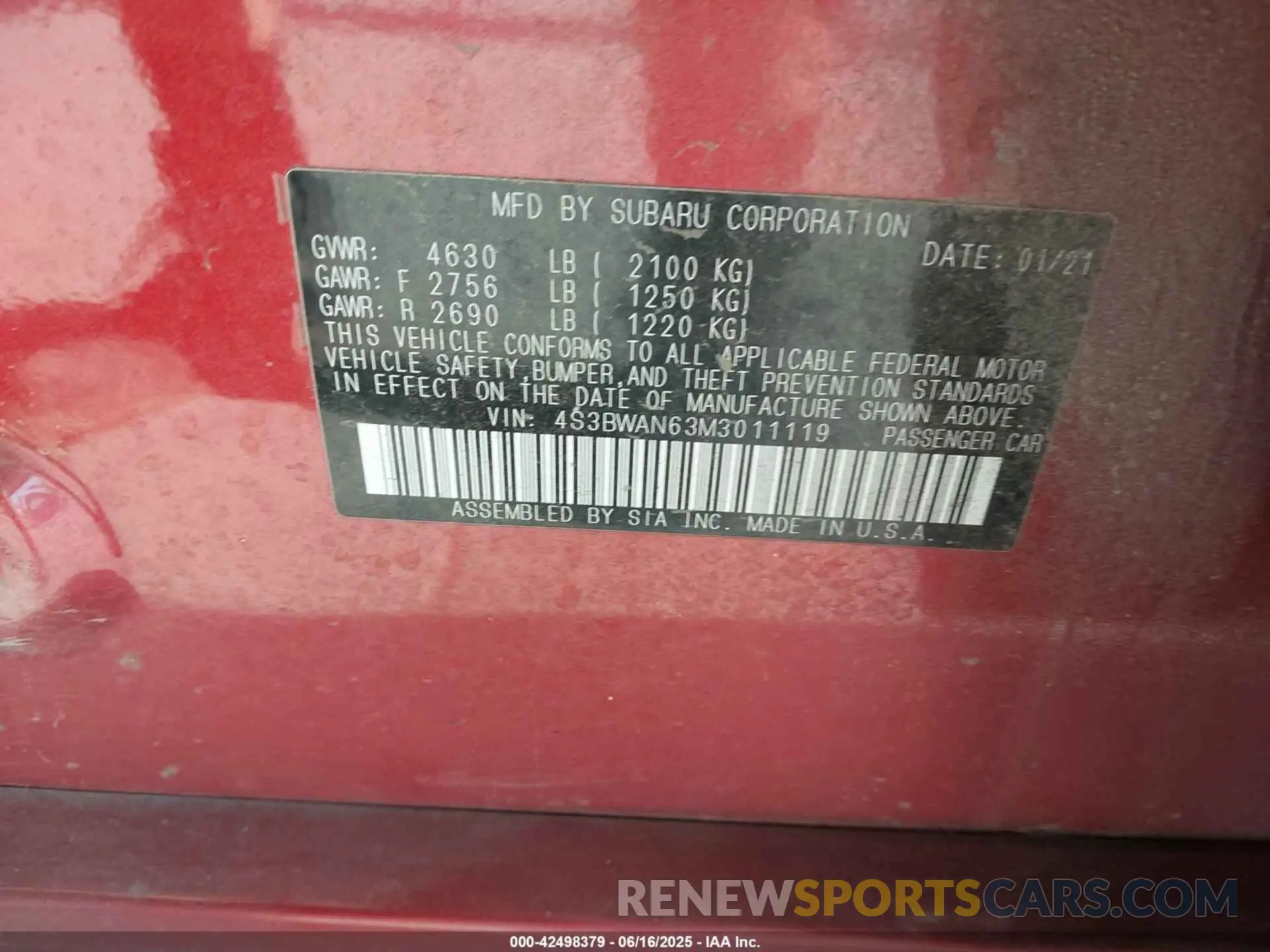 9 Фотография поврежденного автомобиля 4S3BWAN63M3011119 SUBARU LEGACY 2021