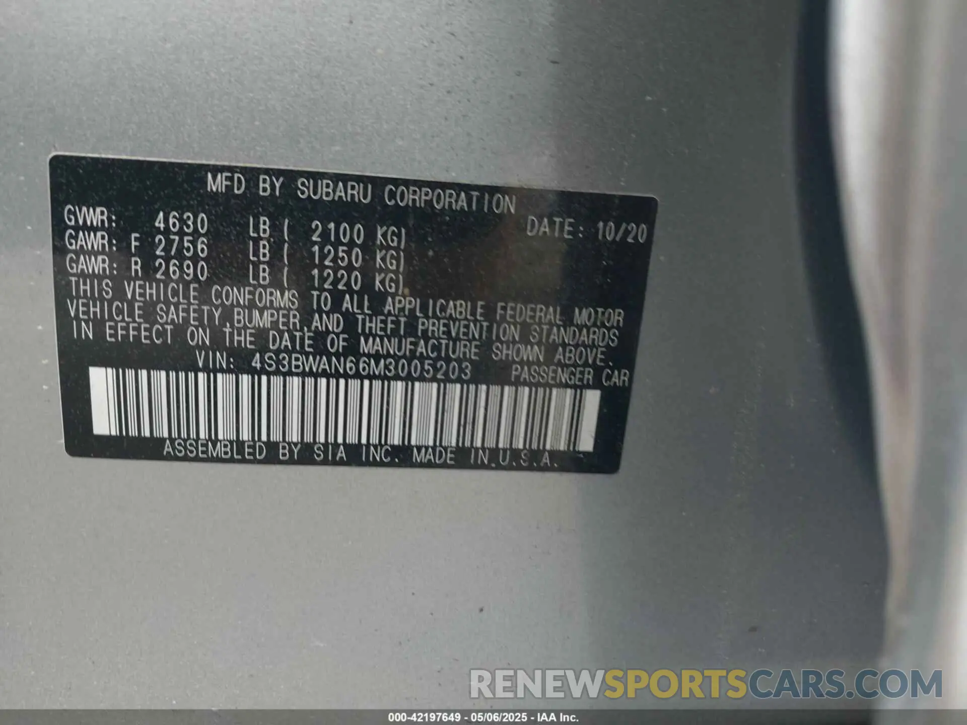 9 Photograph of a damaged car 4S3BWAN66M3005203 SUBARU LEGACY 2021