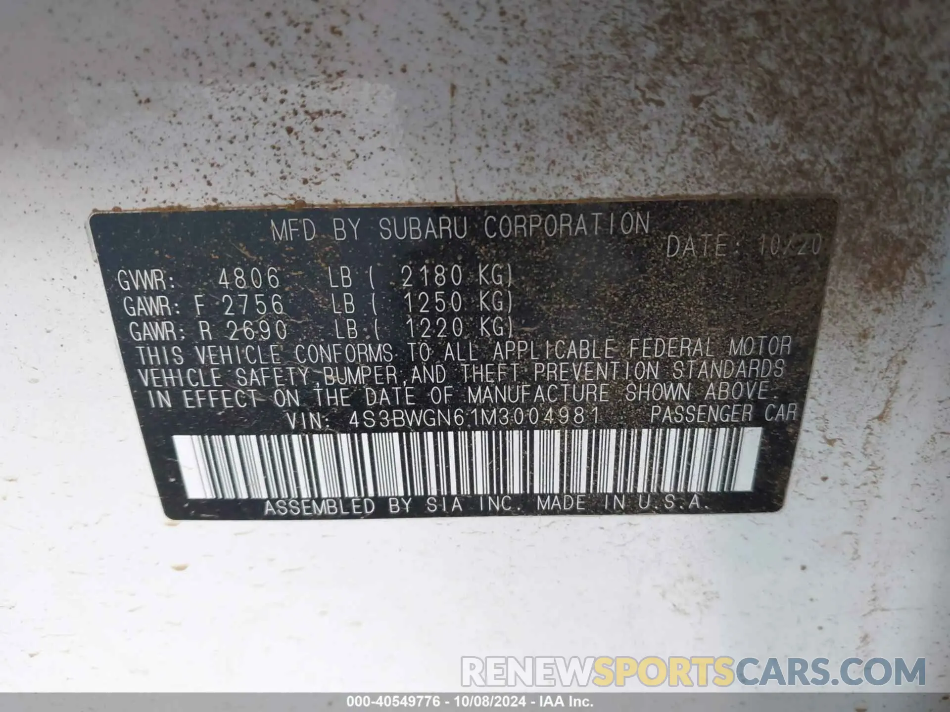 9 Фотография поврежденного автомобиля 4S3BWGN61M3004981 SUBARU LEGACY 2021