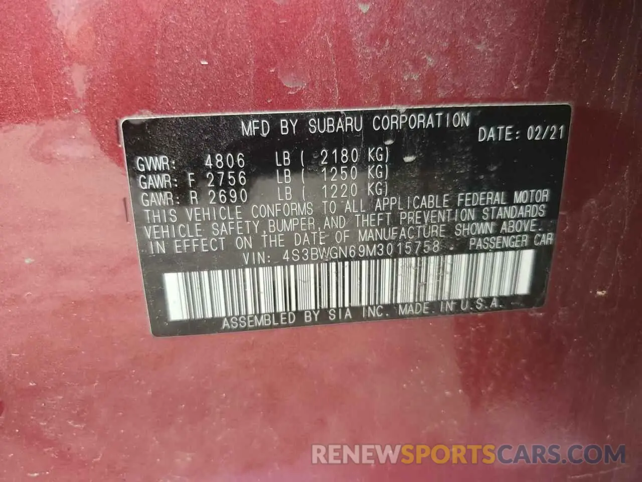 12 Фотография поврежденного автомобиля 4S3BWGN69M3015758 SUBARU LEGACY 2021