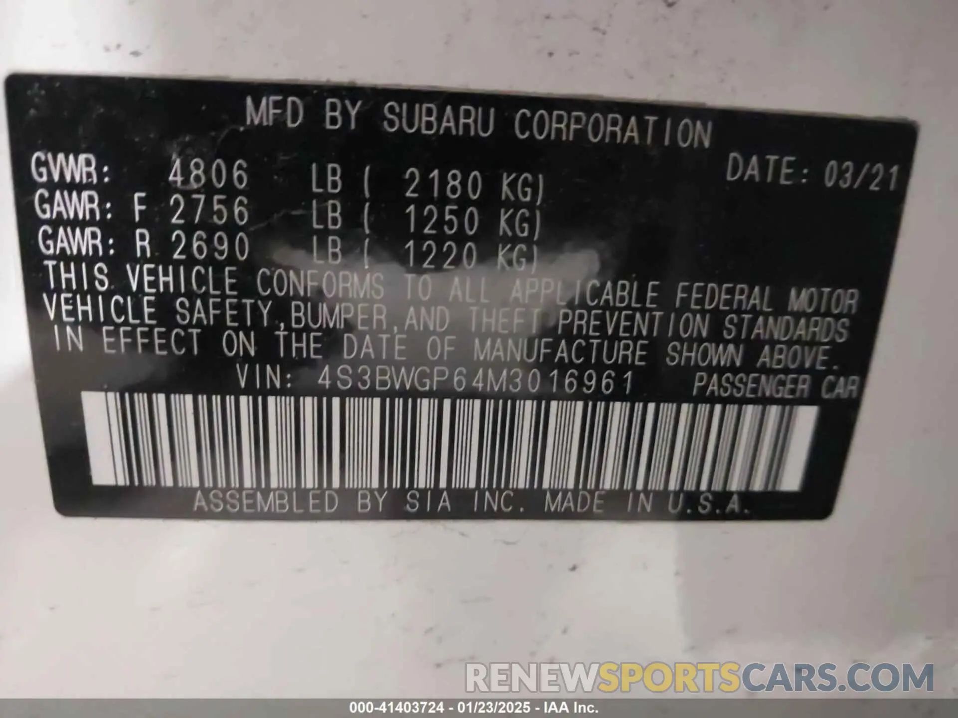 9 Photograph of a damaged car 4S3BWGP64M3016961 SUBARU LEGACY 2021