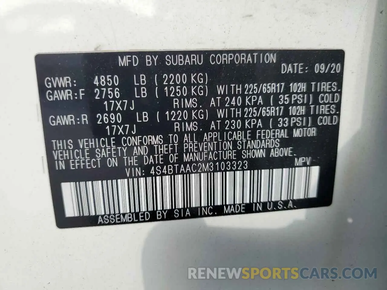 13 Photograph of a damaged car 4S4BTAAC2M3103323 SUBARU LEGACY 2021