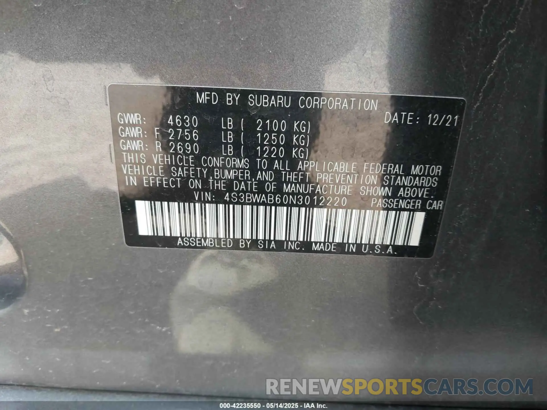 9 Photograph of a damaged car 4S3BWAB60N3012220 SUBARU LEGACY 2022