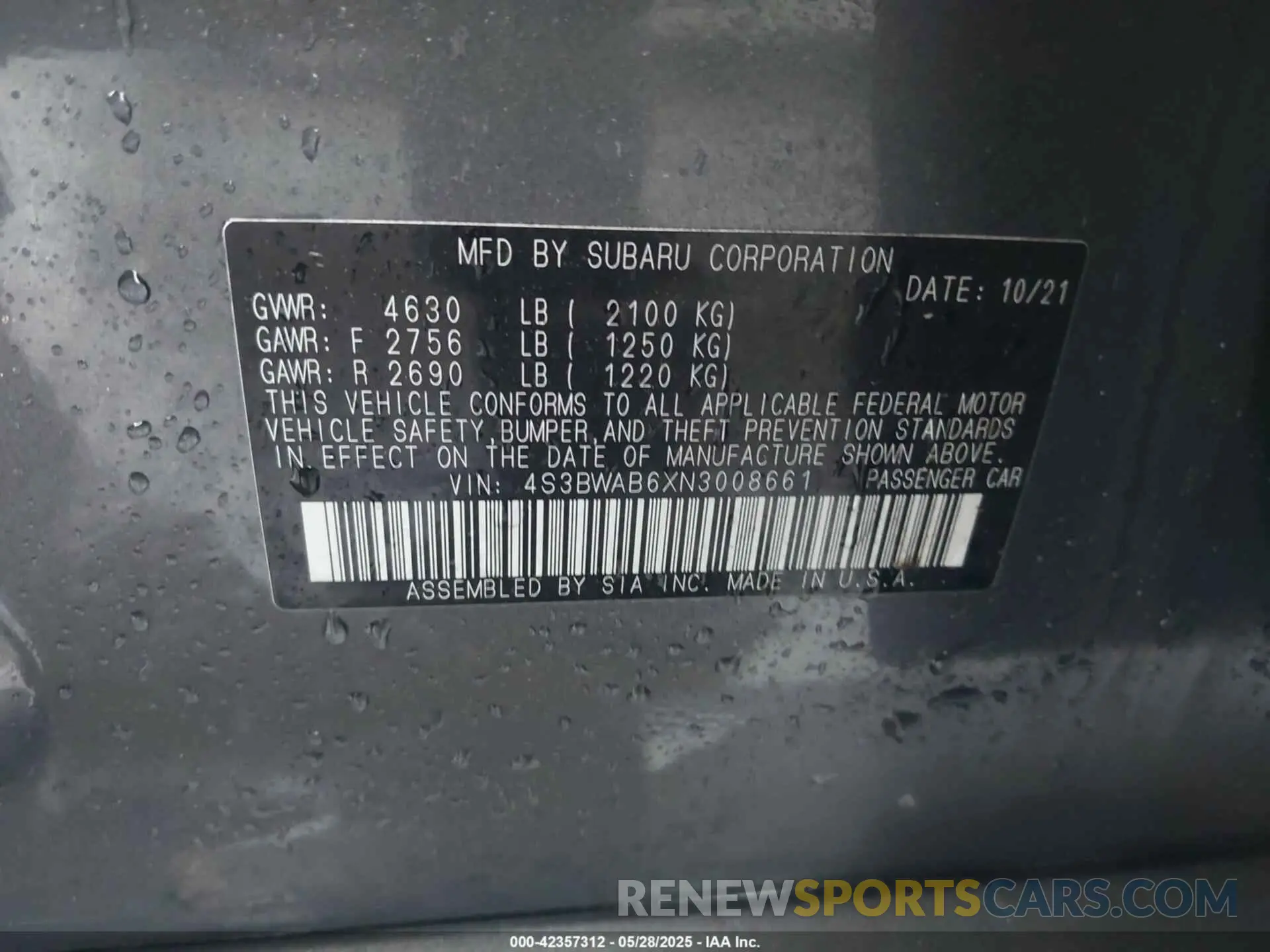 9 Фотография поврежденного автомобиля 4S3BWAB6XN3008661 SUBARU LEGACY 2022