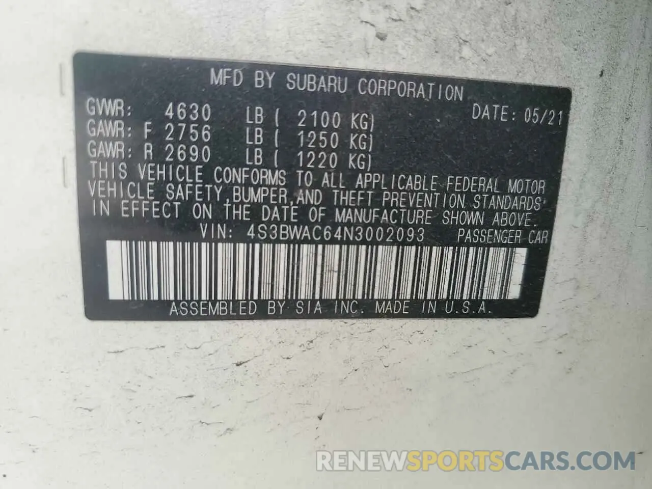 12 Фотография поврежденного автомобиля 4S3BWAC64N3002093 SUBARU LEGACY 2022