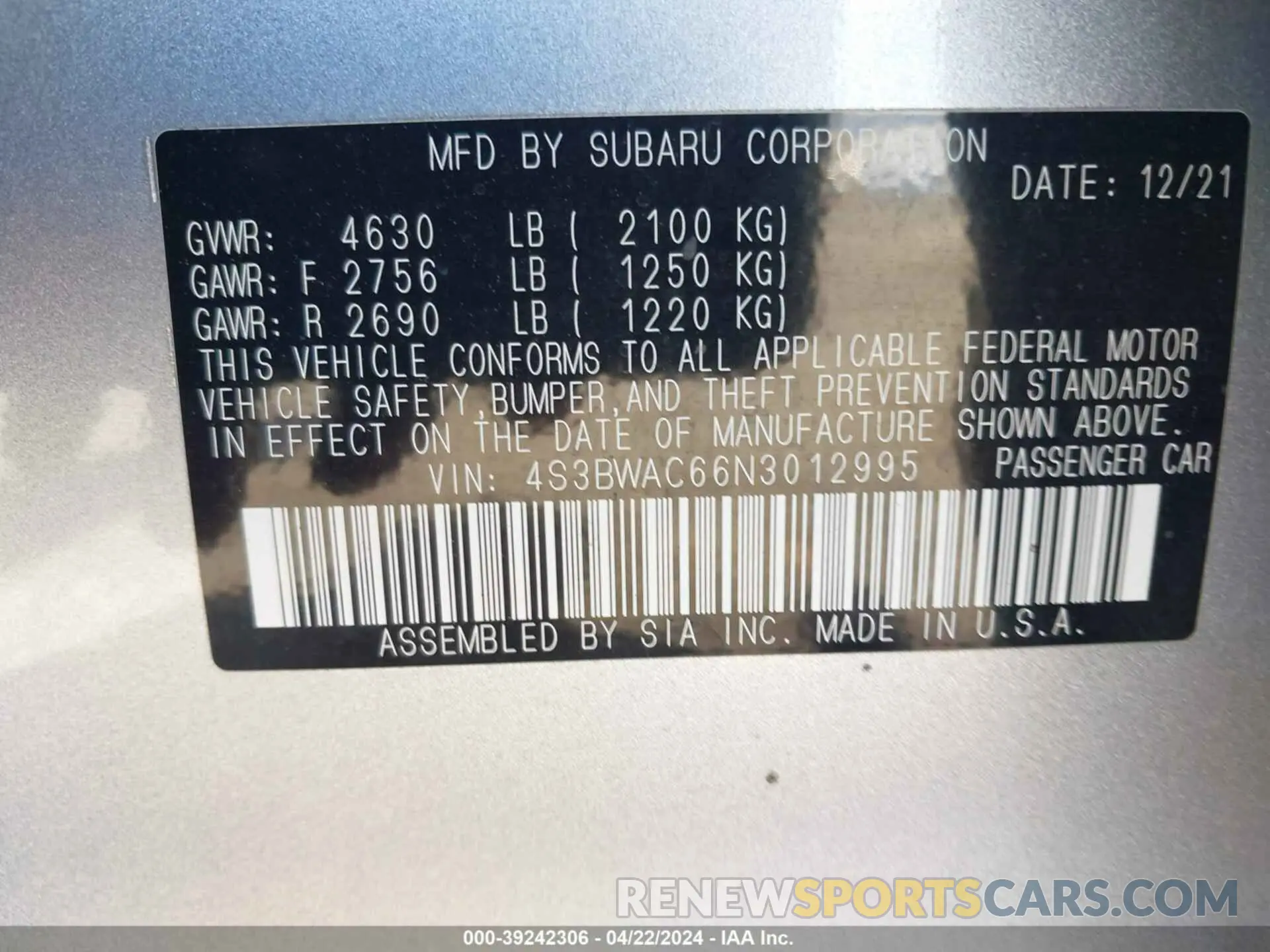 9 Photograph of a damaged car 4S3BWAC66N3012995 SUBARU LEGACY 2022