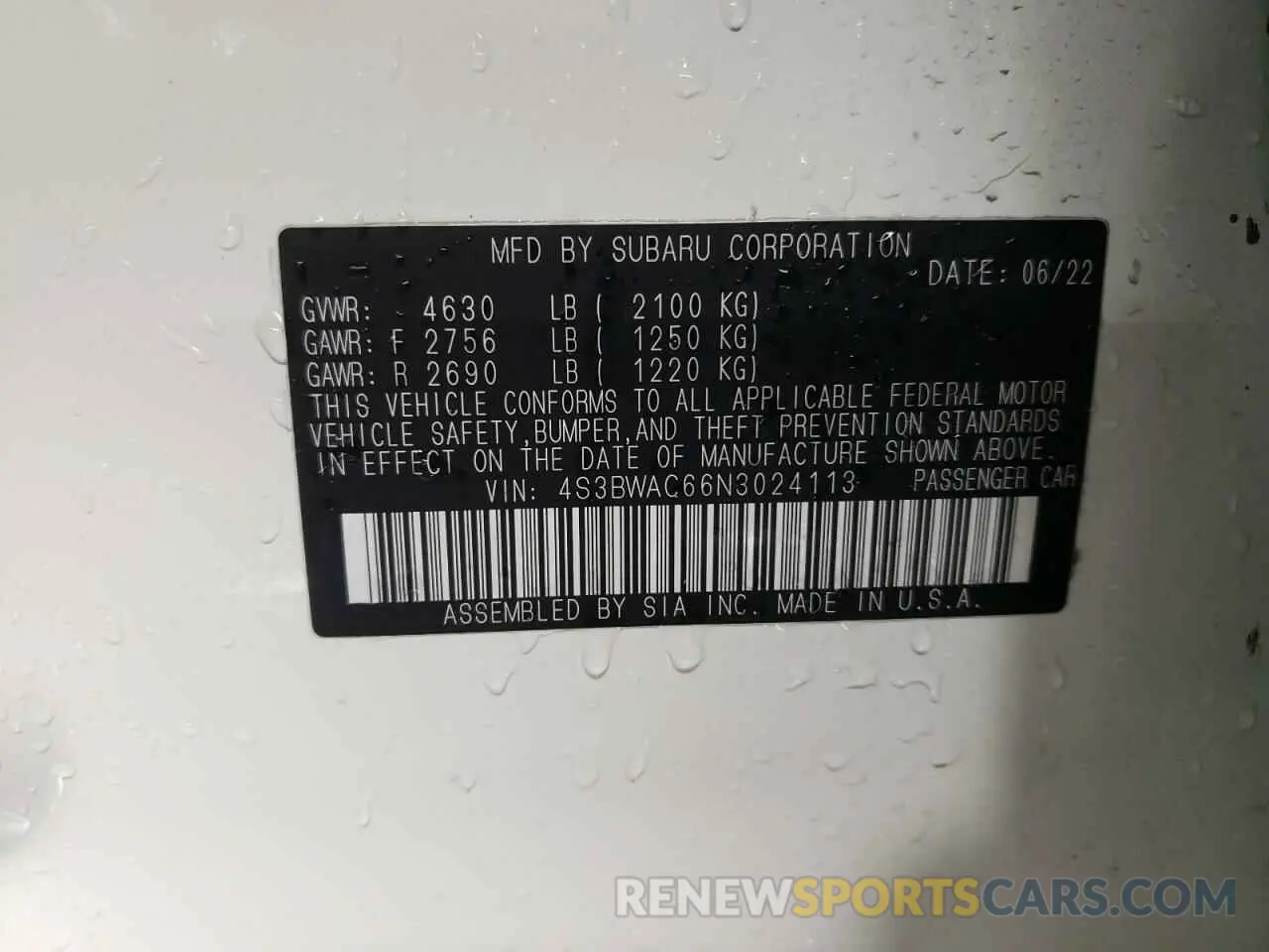12 Photograph of a damaged car 4S3BWAC66N3024113 SUBARU LEGACY 2022