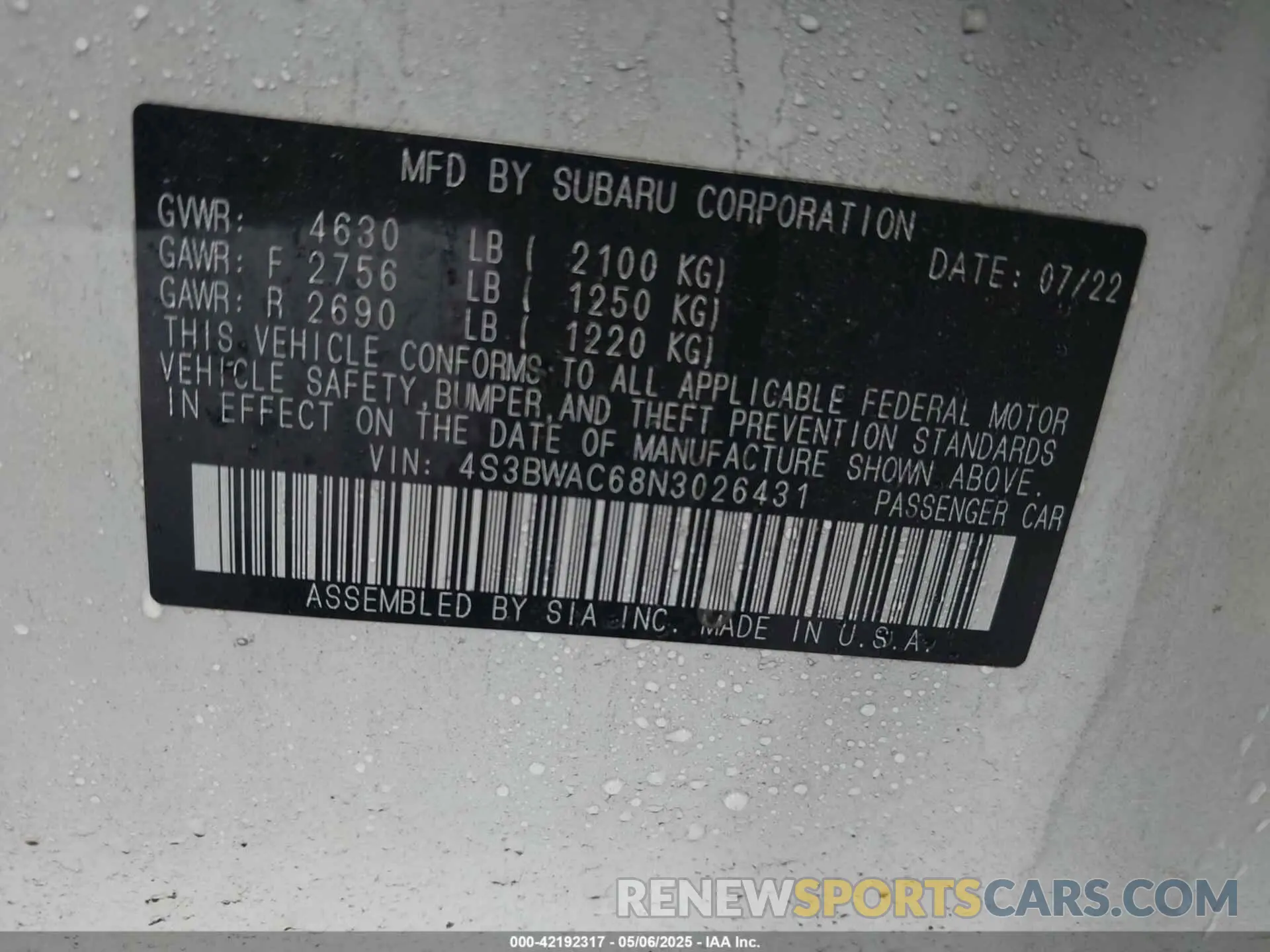 9 Фотография поврежденного автомобиля 4S3BWAC68N3026431 SUBARU LEGACY 2022