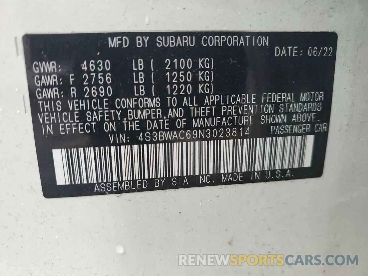 12 Фотография поврежденного автомобиля 4S3BWAC69N3023814 SUBARU LEGACY 2022