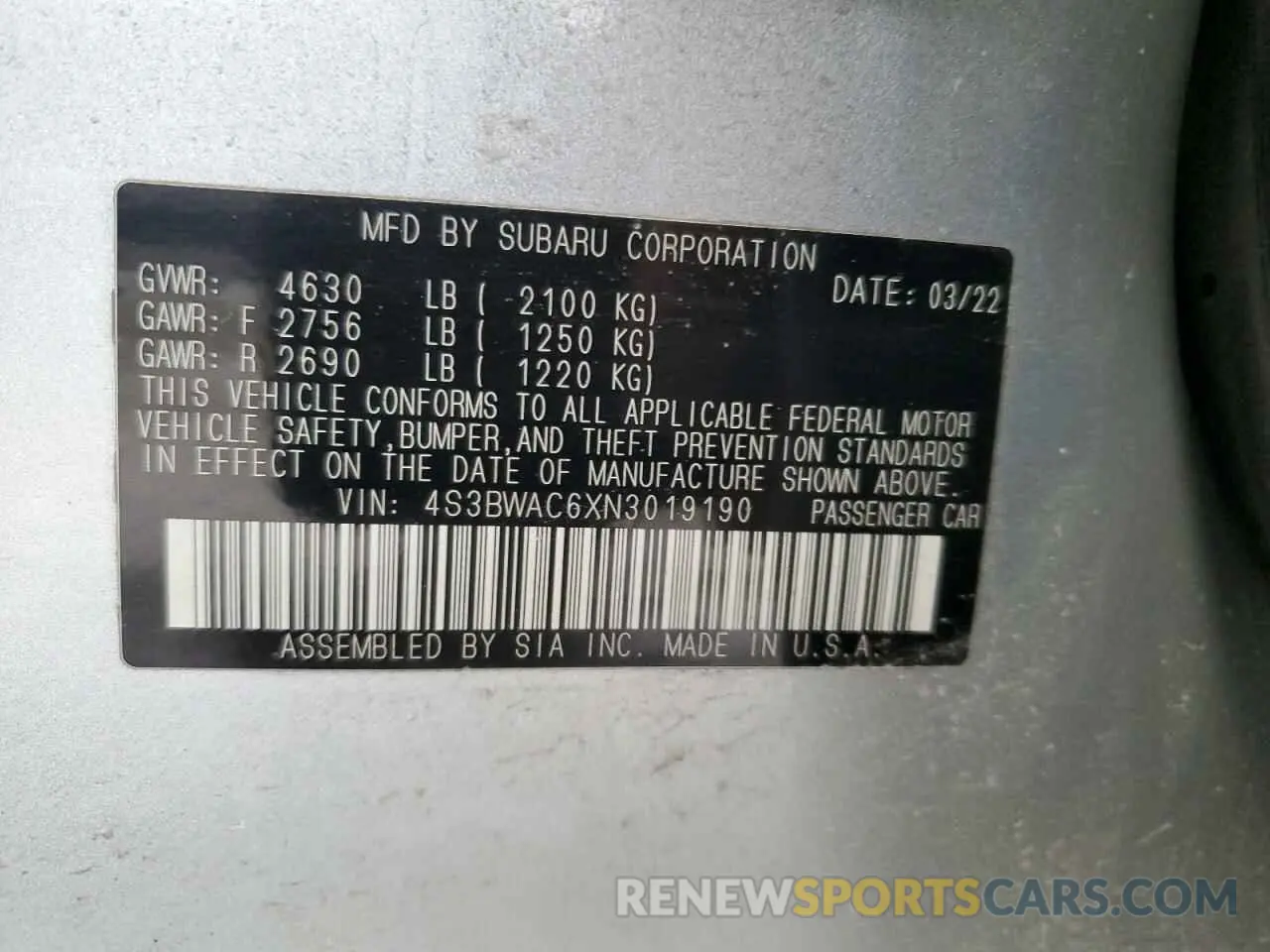13 Фотография поврежденного автомобиля 4S3BWAC6XN3019190 SUBARU LEGACY 2022