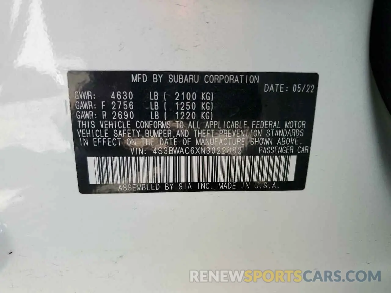 12 Фотография поврежденного автомобиля 4S3BWAC6XN3022882 SUBARU LEGACY 2022