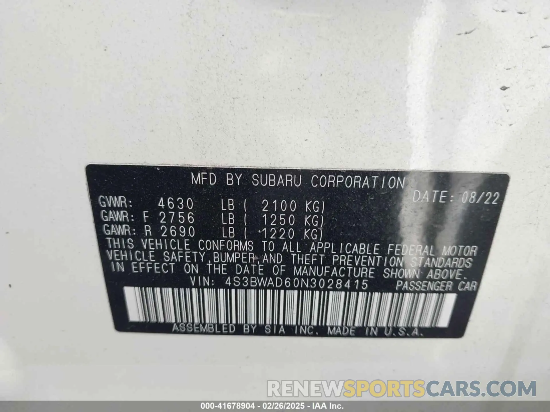 9 Фотография поврежденного автомобиля 4S3BWAD60N3028415 SUBARU LEGACY 2022