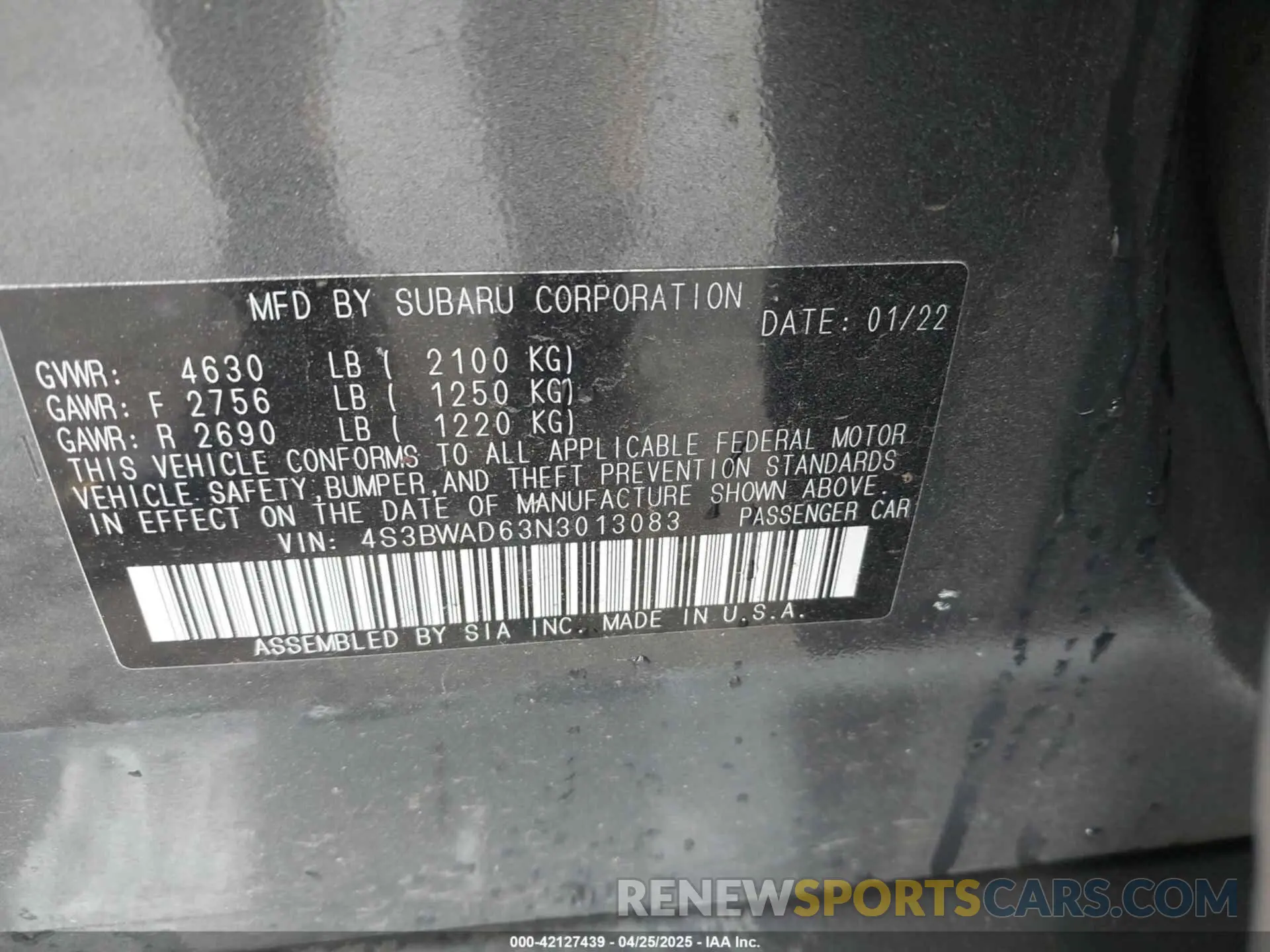 9 Photograph of a damaged car 4S3BWAD63N3013083 SUBARU LEGACY 2022