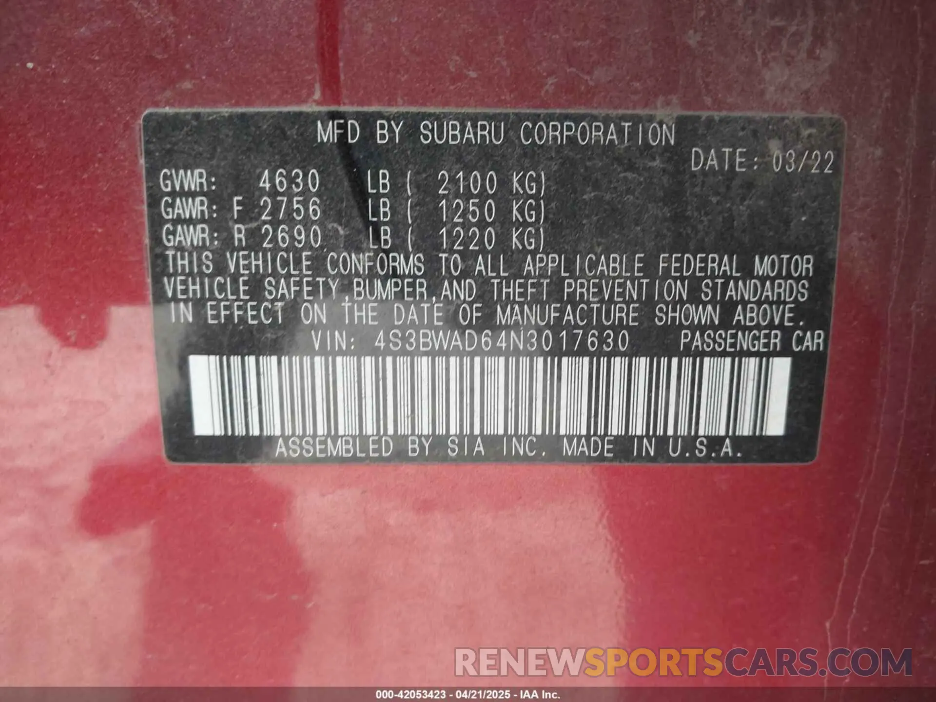 9 Photograph of a damaged car 4S3BWAD64N3017630 SUBARU LEGACY 2022