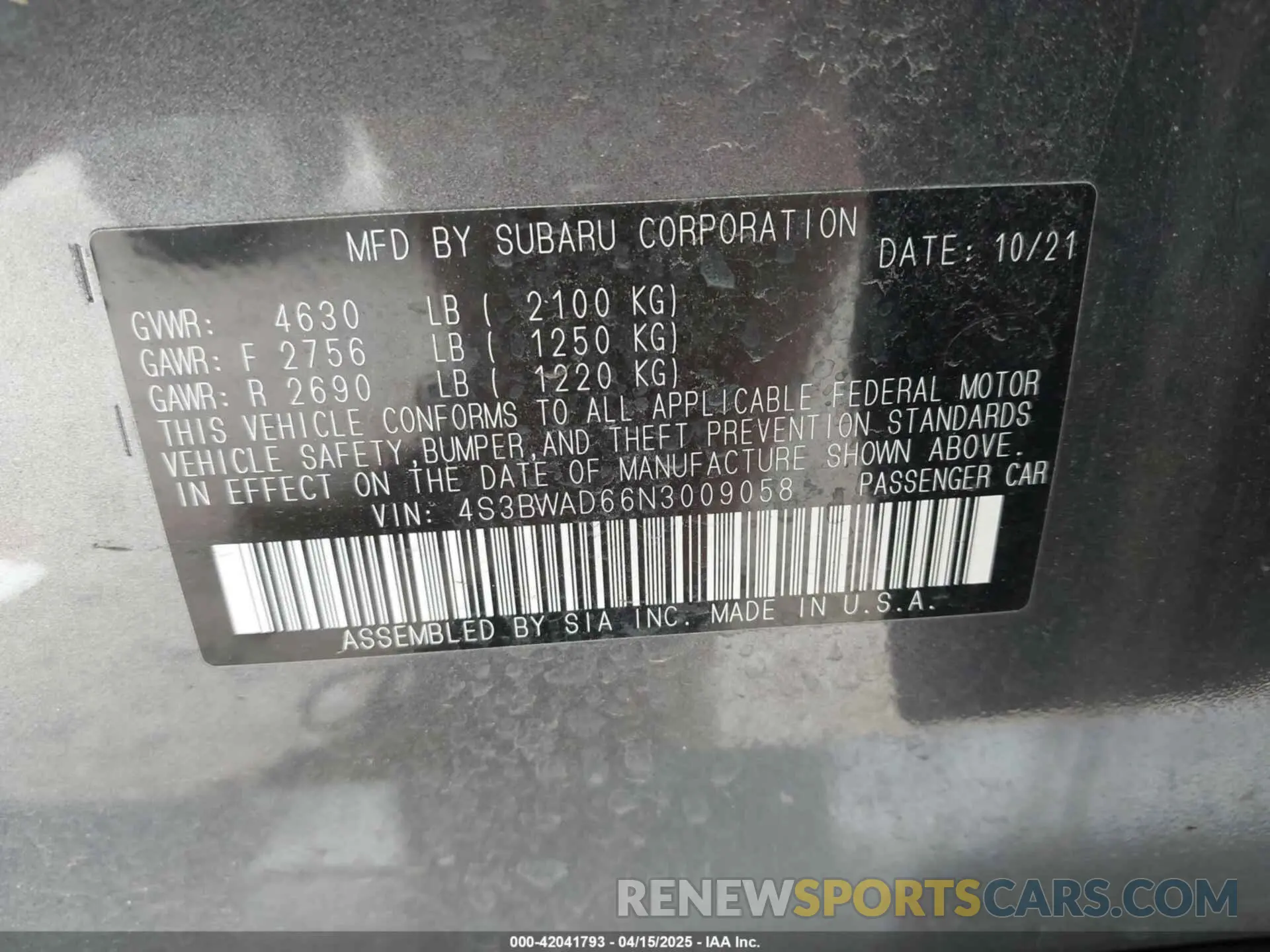 9 Photograph of a damaged car 4S3BWAD66N3009058 SUBARU LEGACY 2022